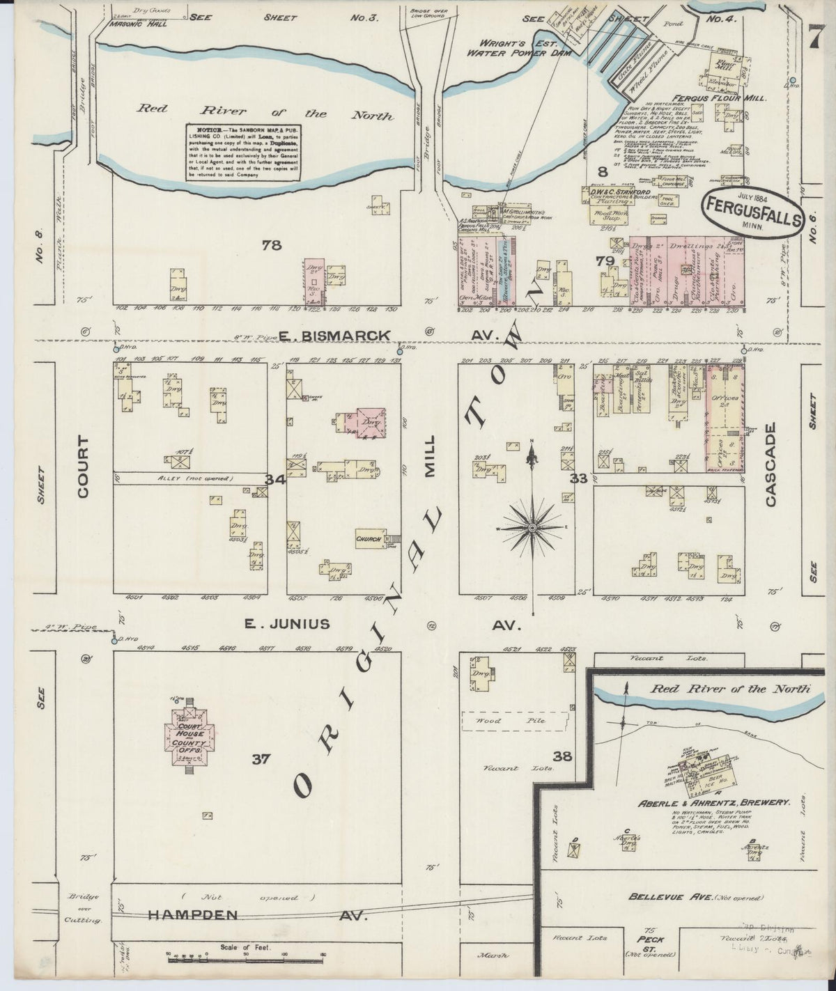 Sanborn Fire Insurance Map from Fergus Falls, Otter Tail County, Minnesota (1884), Sheet #0007 - Historic Sanborn Fire Insurance Map Print, vintage old map wall art, antique decor, genealogy gift, Minnesota Minnesota map