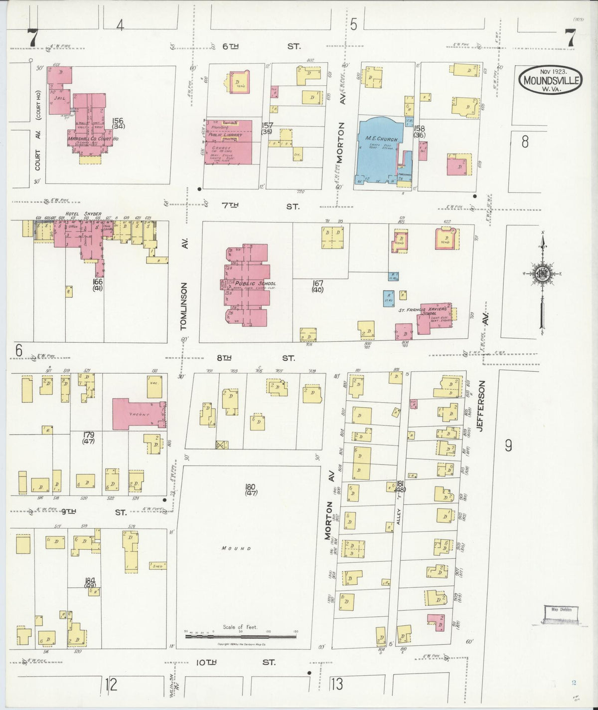 Sanborn Fire Insurance Map from Moundsville, Marshall County, West Virginia (1923), Sheet #0007 - Complete Map Set gallery image, historic Sanborn map, vintage wall art, West Virginia West Virginia