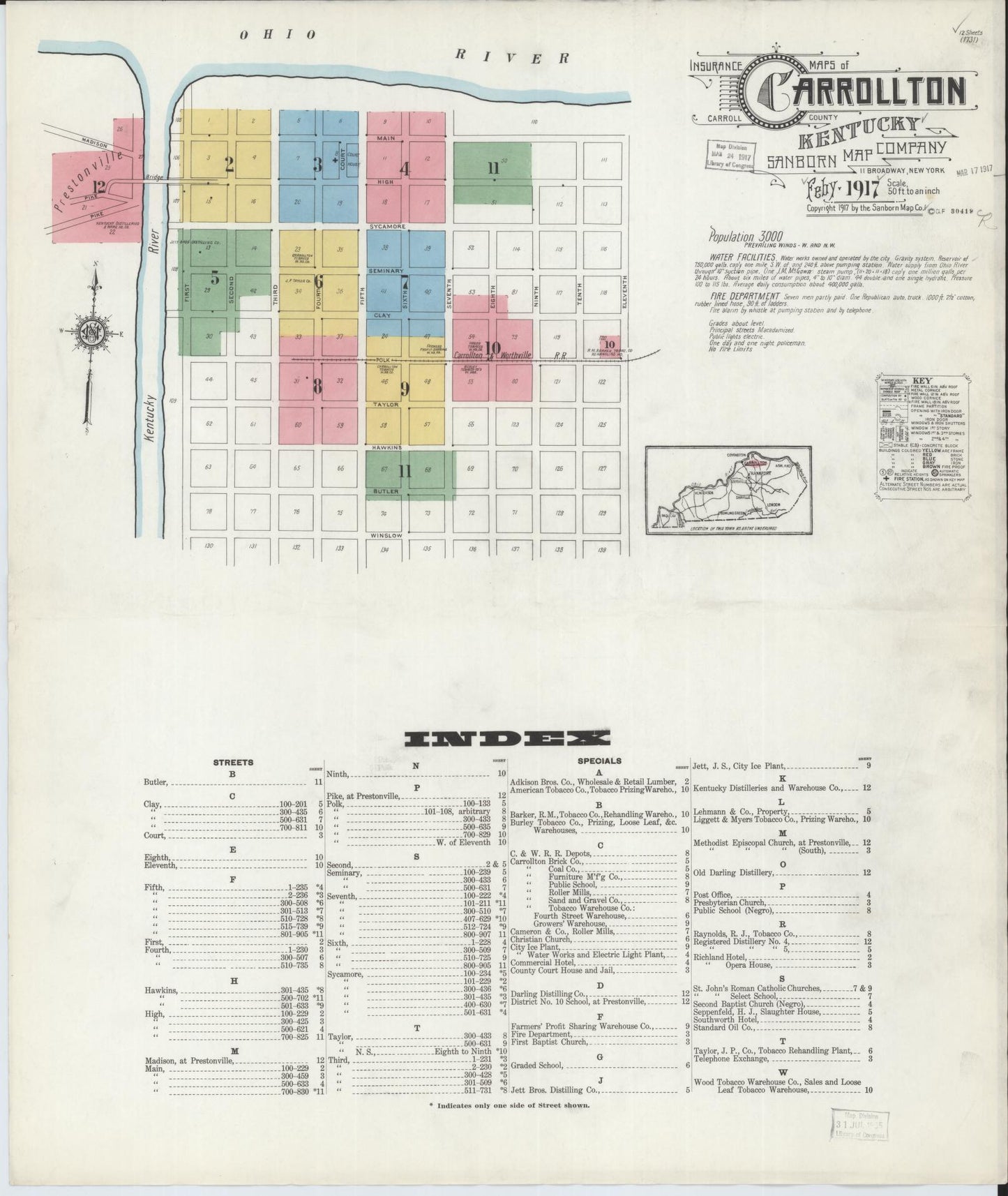 Sanborn Fire Insurance Map from Carrollton, Carroll County, Kentucky (1917), Sheet #0001 - Complete Map Set gallery image, historic Sanborn map, vintage wall art, Kentucky Kentucky