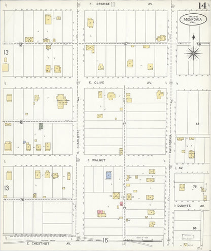 Sanborn Fire Insurance Map from Monrovia, Los Angeles County, California (1907), Sheet #0014 - Historic Sanborn Fire Insurance Map Print, vintage old map wall art, antique decor, genealogy gift, California California map