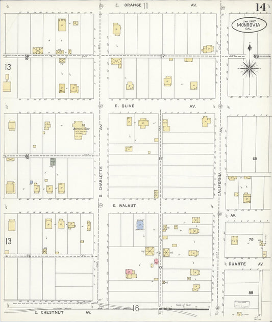 Sanborn Fire Insurance Map from Monrovia, Los Angeles County, California (1907), Sheet #0014 - Historic Sanborn Fire Insurance Map Print, vintage old map wall art, antique decor, genealogy gift, California California map