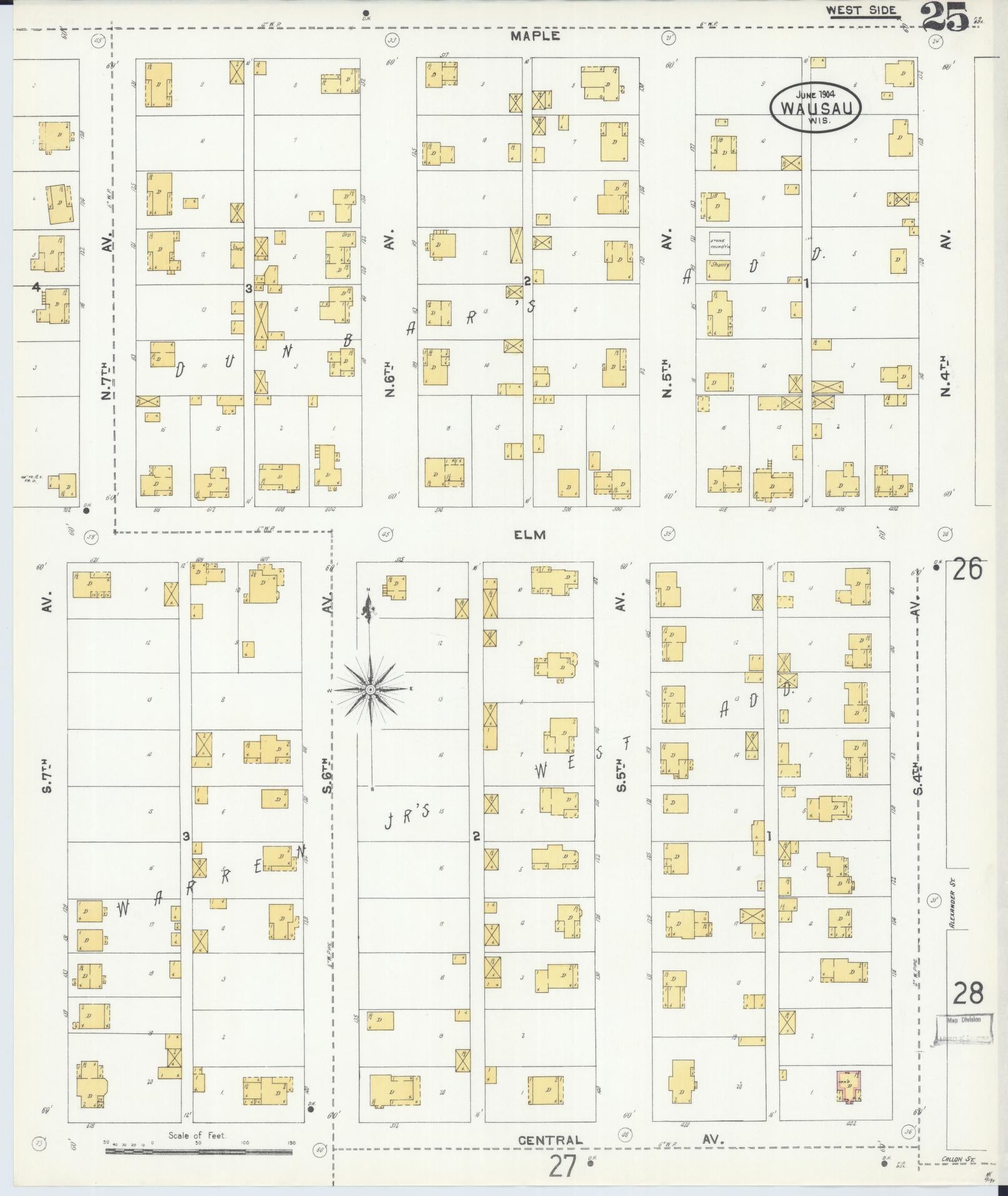 Sanborn Fire Insurance Map from Wausau, Marathon County, Wisconsin (1904), Sheet #0025 - Historic Sanborn Fire Insurance Map Print, vintage old map wall art, antique decor, genealogy gift, Wisconsin Wisconsin map