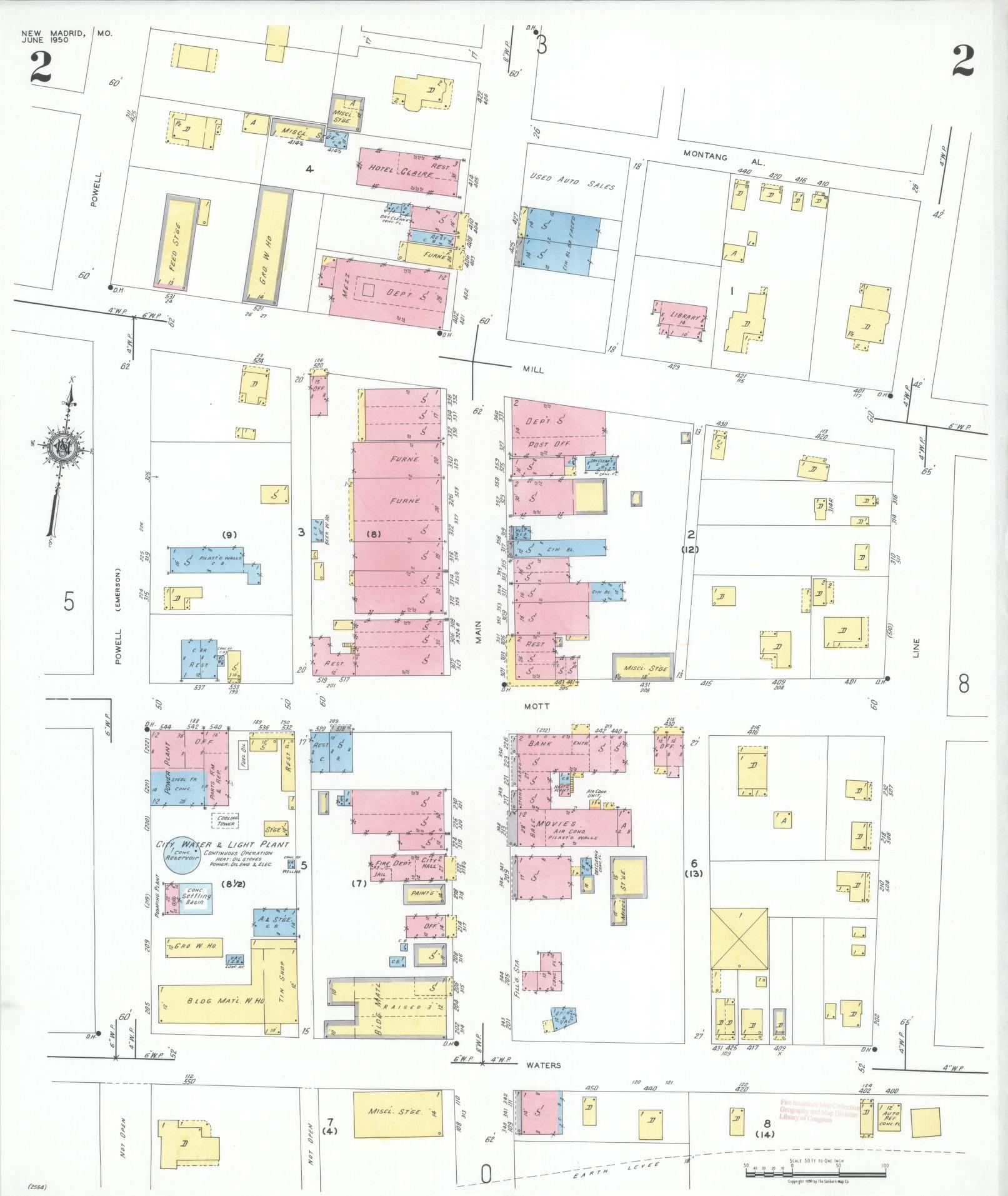Sanborn Fire Insurance Map from New Madrid, New Madrid County, Missouri (1950), Sheet #0002 - Historic Sanborn Fire Insurance Map Print, vintage old map wall art, antique decor, genealogy gift, Missouri Missouri map