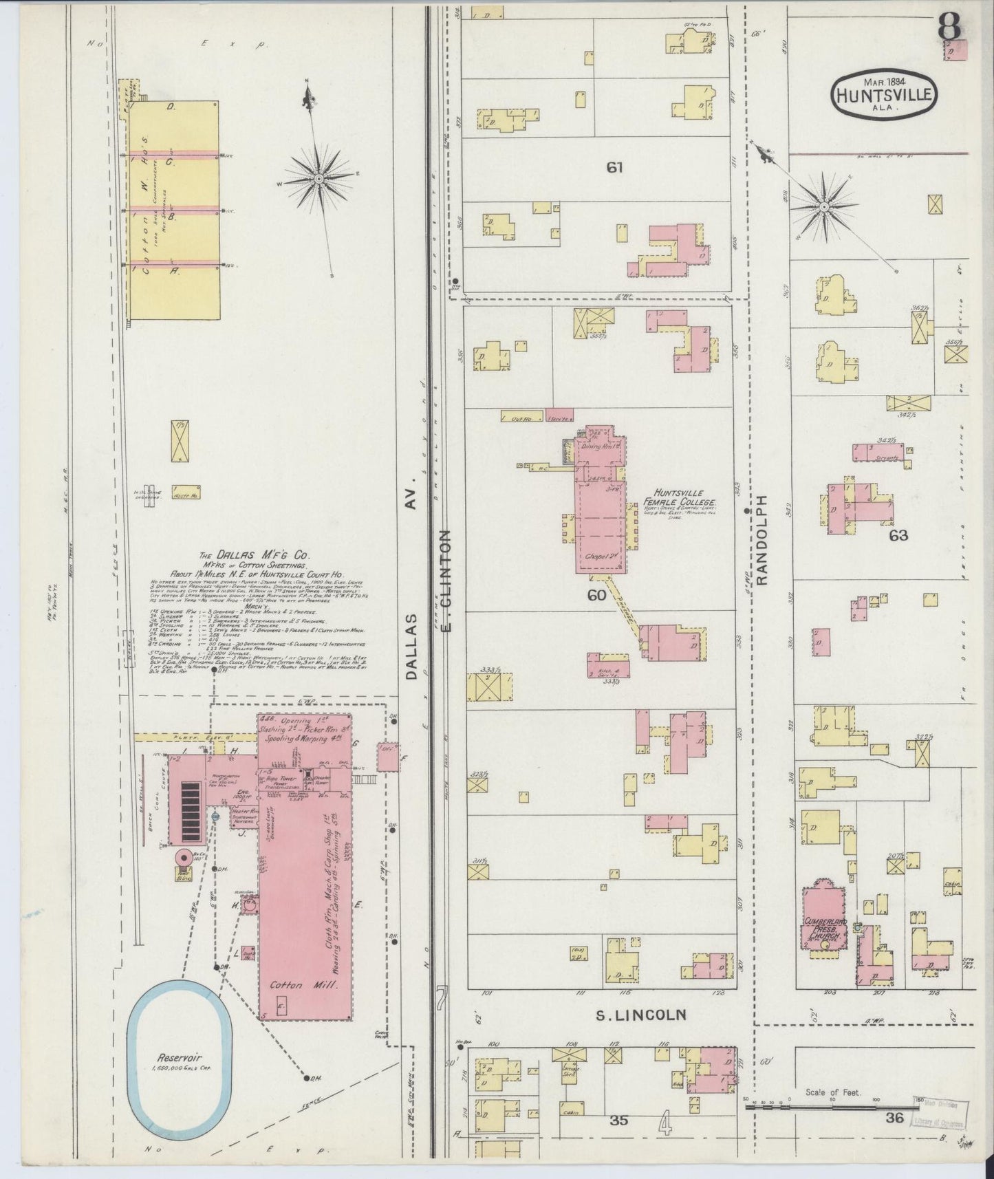 Sanborn Fire Insurance Map from Huntsville, Madison County, Alabama (1894), Sheet #0008 - Complete Map Set gallery image, historic Sanborn map, vintage wall art, Alabama Alabama