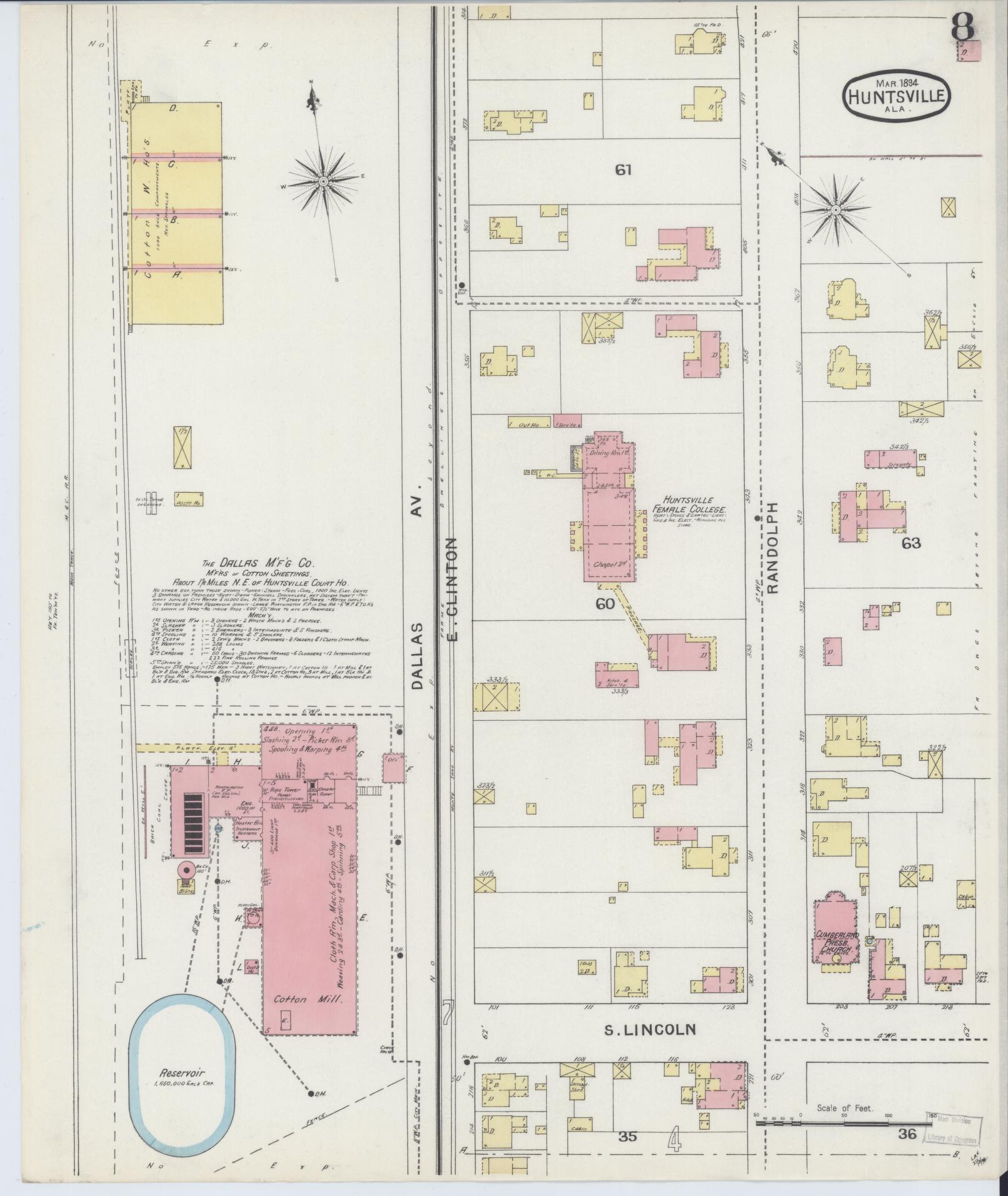 Sanborn Fire Insurance Map from Huntsville, Madison County, Alabama (1894), Sheet #0008 - Complete Map Set gallery image, historic Sanborn map, vintage wall art, Alabama Alabama
