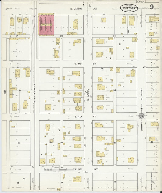 Sanborn Fire Insurance Map from Stuttgart, Arkansas County, Arkansas (1917), Sheet #0009 - Historic Sanborn Fire Insurance Map Print, vintage old map wall art, antique decor, genealogy gift, Stuttgart Arkansas map