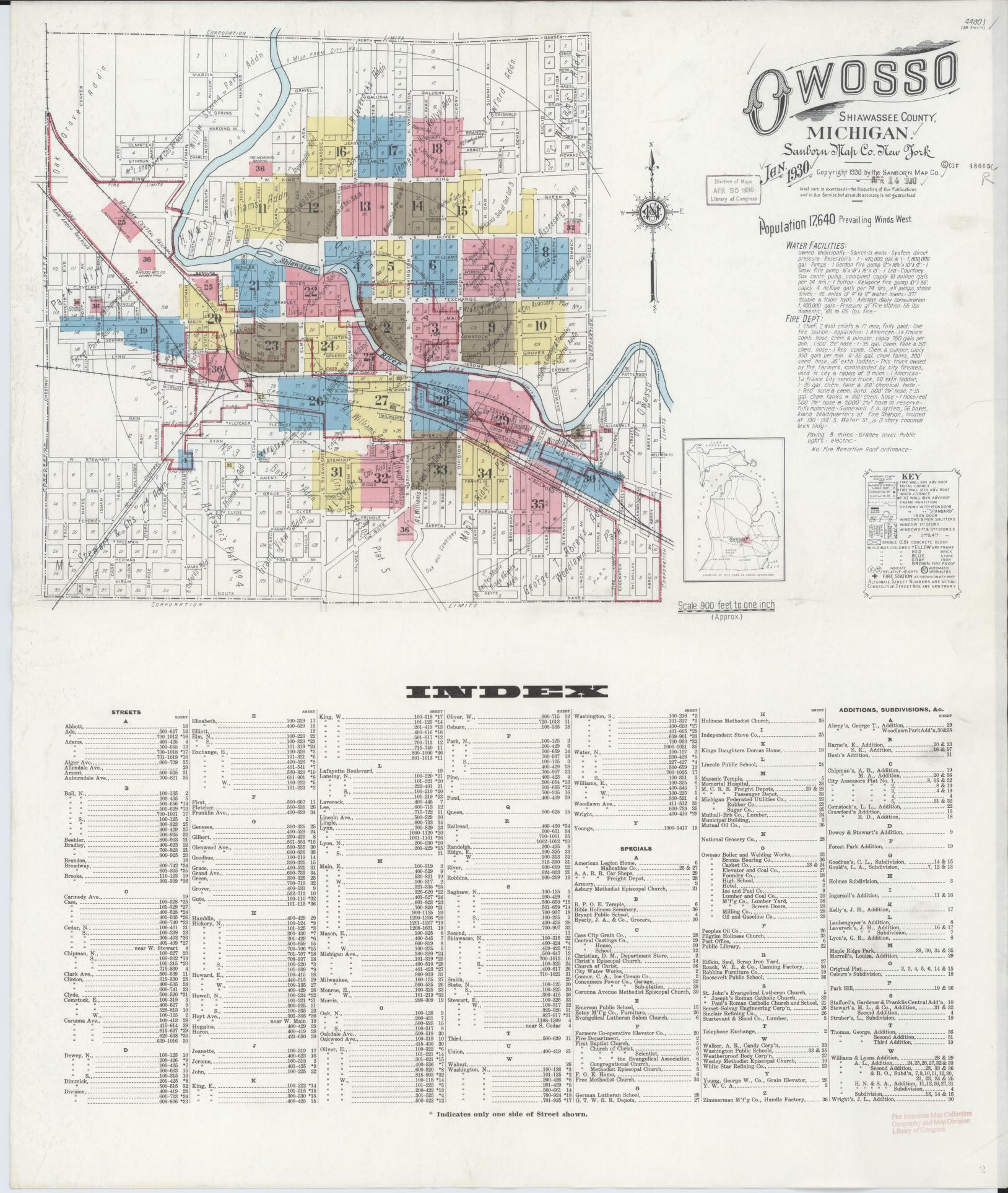 Sanborn Fire Insurance Map from Owosso, Shiawassee County, Michigan (1930), Sheet #0001 - Complete Map Set gallery image, historic Sanborn map, vintage wall art, Michigan Michigan