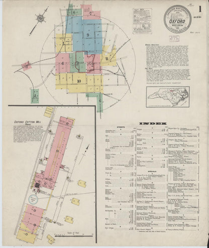 Sanborn Fire Insurance Map from Oxford, Granville County, North Carolina (1915), Sheet #0001 - Historic Sanborn Fire Insurance Map Print, vintage old map wall art, antique decor, genealogy gift, North Carolina North Carolina map