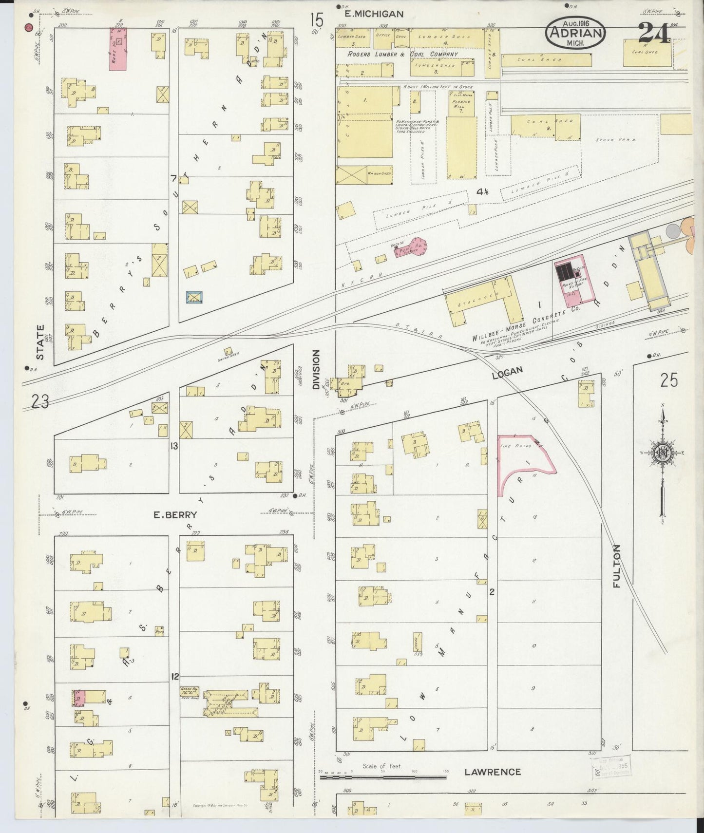 Sanborn Fire Insurance Map from Adrian, Lenawee County, Michigan (1916), Sheet #0024 - Complete Map Set gallery image, historic Sanborn map, vintage wall art, Michigan Michigan