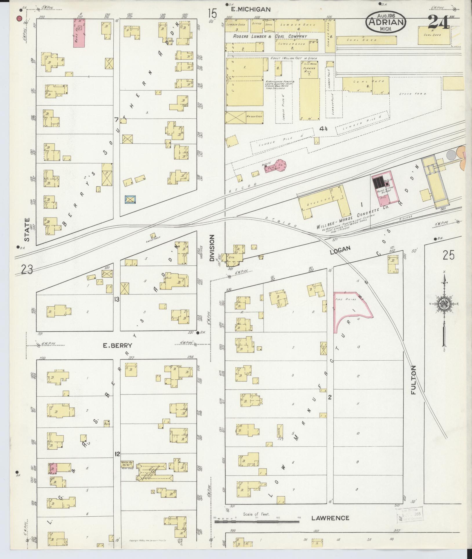 Sanborn Fire Insurance Map from Adrian, Lenawee County, Michigan (1916), Sheet #0024 - Complete Map Set gallery image, historic Sanborn map, vintage wall art, Michigan Michigan