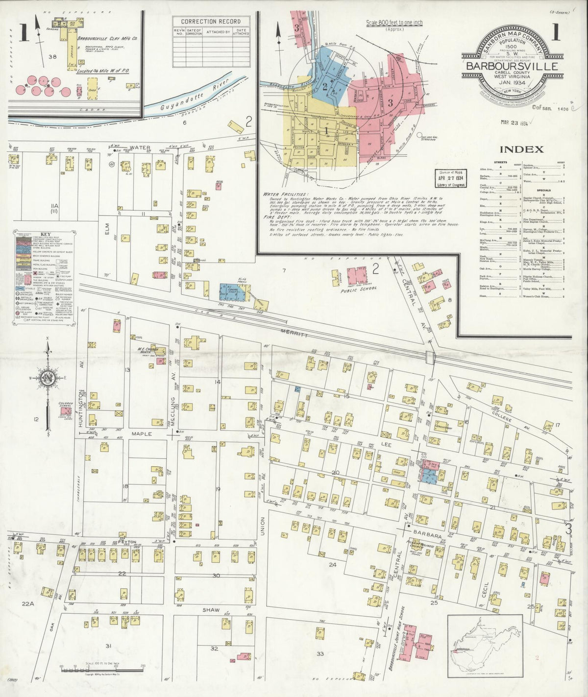 Sanborn Fire Insurance Map from Barboursville, Cabell County, West Virginia (1934), Sheet #0001 - Historic Sanborn Fire Insurance Map Print, vintage old map wall art, antique decor, genealogy gift, West Virginia West Virginia map