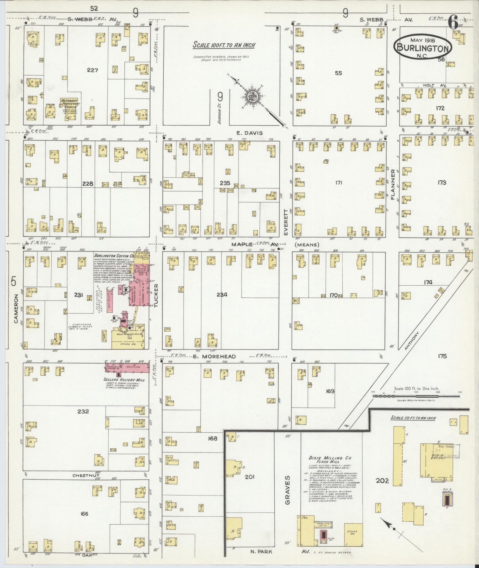 Sanborn Fire Insurance Map from Burlington, Alamance County, North Carolina (1918), Sheet #0006 - Historic Sanborn Fire Insurance Map Print, vintage old map wall art, antique decor, genealogy gift, North Carolina North Carolina map