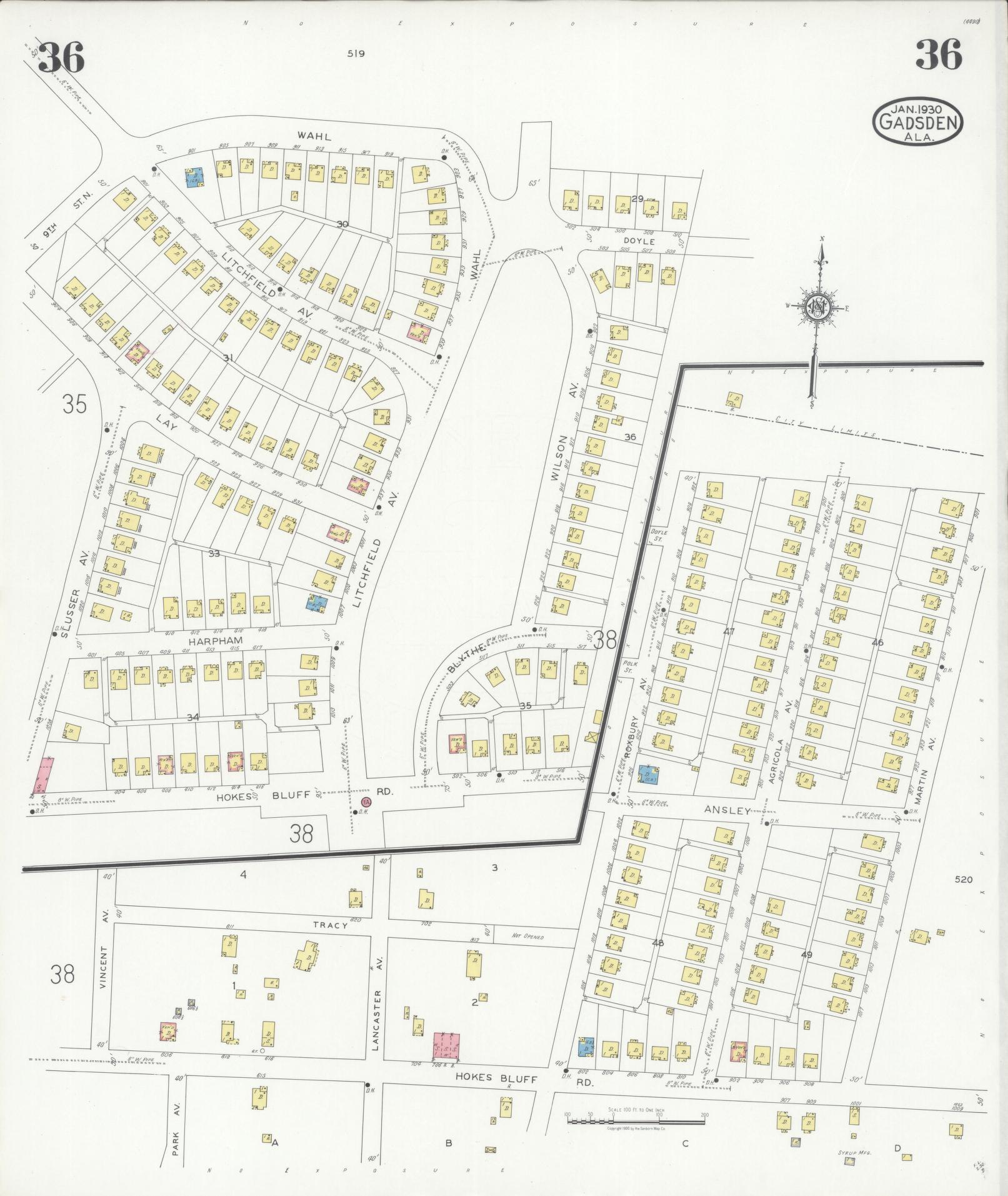 Sanborn Fire Insurance Map from Gadsden, Etowah County, Alabama (1930), Sheet #0036 - Historic Sanborn Fire Insurance Map Print, vintage old map wall art, antique decor, genealogy gift, Alabama Alabama map