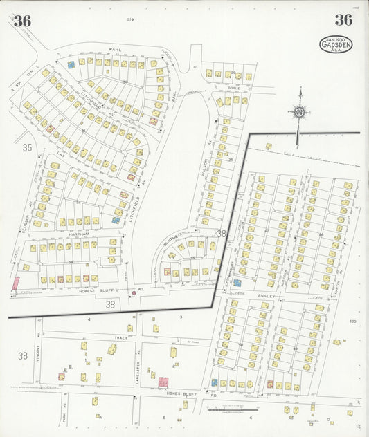 Sanborn Fire Insurance Map from Gadsden, Etowah County, Alabama (1930), Sheet #0036 - Historic Sanborn Fire Insurance Map Print, vintage old map wall art, antique decor, genealogy gift, Alabama Alabama map