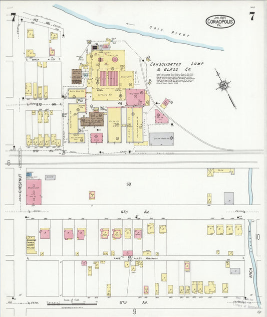 Sanborn Fire Insurance Map from Coraopolis, Allegheny County, Pennsylvania (1924), Sheet #0007 - Historic Sanborn Fire Insurance Map Print, vintage old map wall art, antique decor, genealogy gift, Pennsylvania Pennsylvania map