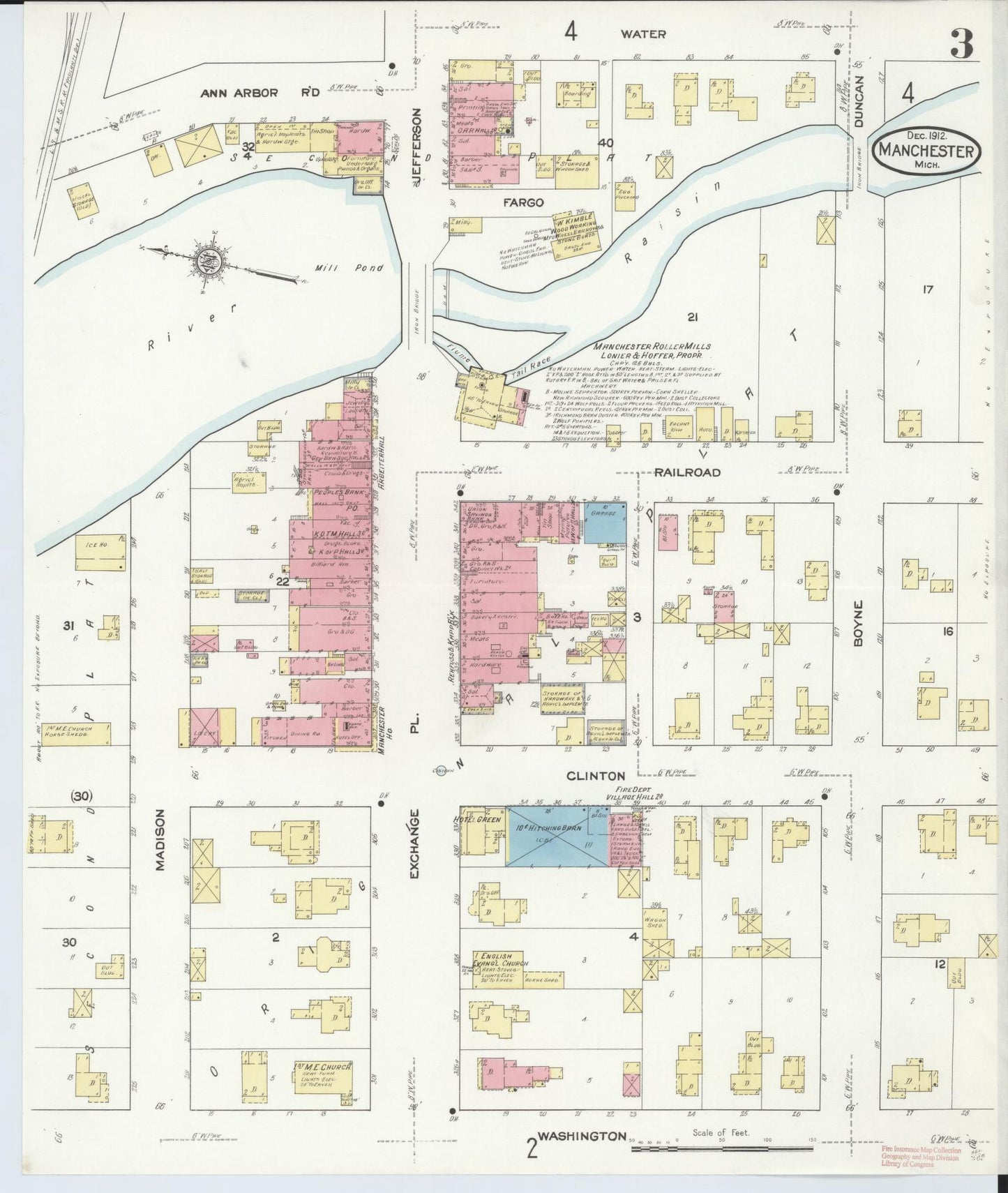 Sanborn Fire Insurance Map from Manchester, Washtenaw County, Michigan (1912), Sheet #0003 - Complete Map Set gallery image, historic Sanborn map, vintage wall art, Michigan Michigan