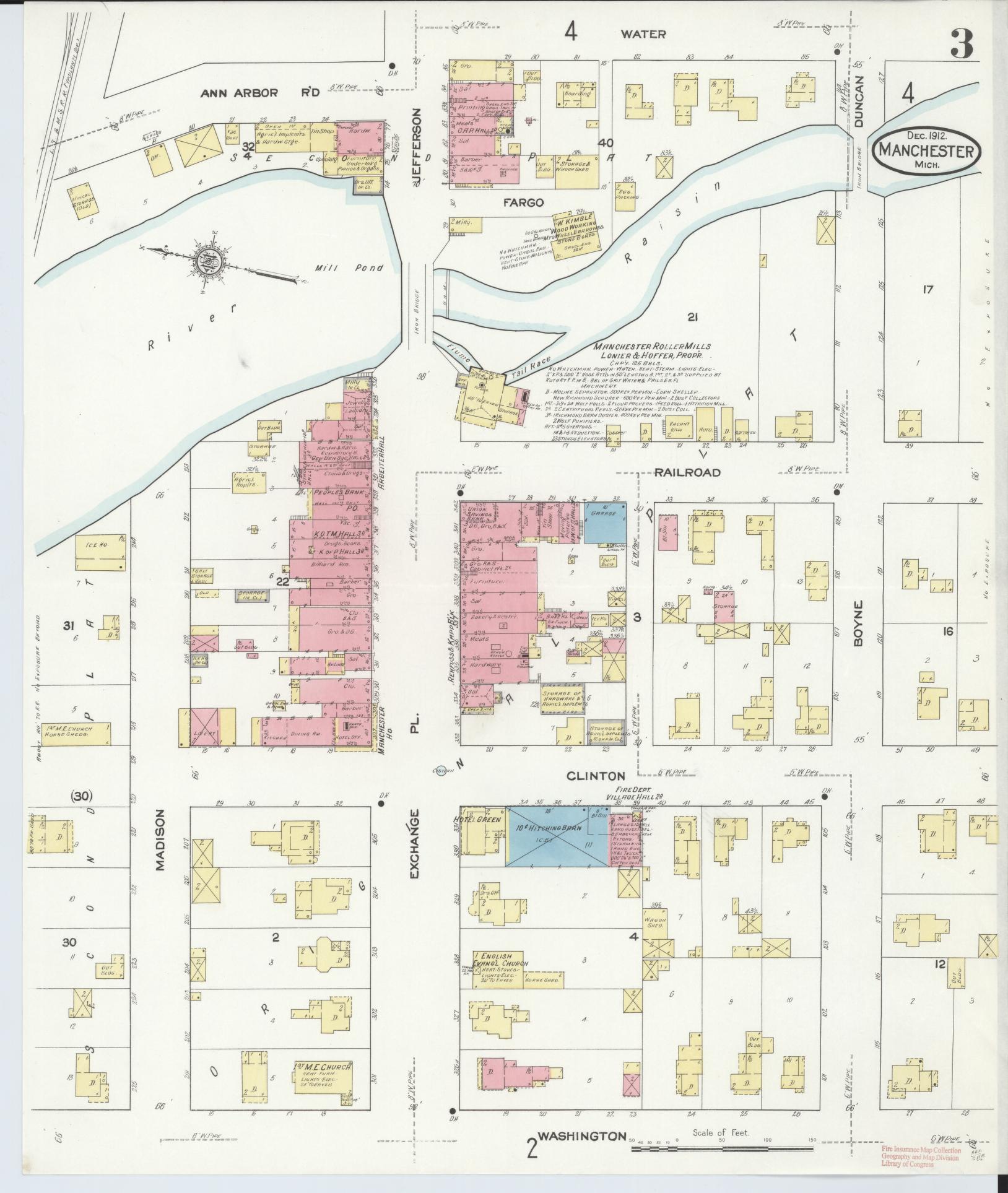 Sanborn Fire Insurance Map from Manchester, Washtenaw County, Michigan (1912), Sheet #0003 - Complete Map Set gallery image, historic Sanborn map, vintage wall art, Michigan Michigan