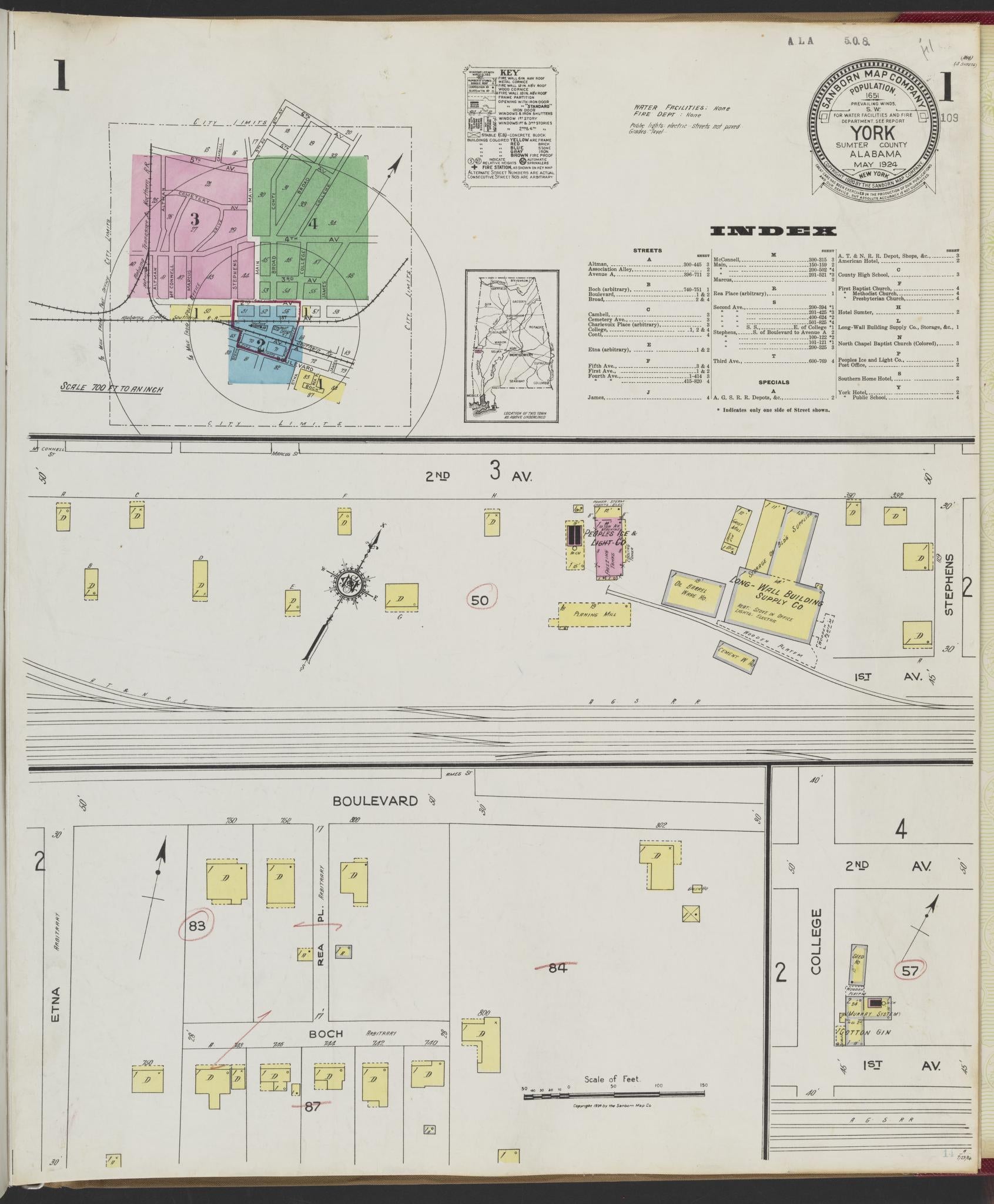 Sanborn Fire Insurance Map from York, Sumter County, Alabama (1924), Sheet #0001 - Historic Sanborn Fire Insurance Map Print, vintage old map wall art, antique decor, genealogy gift, Alabama Alabama map