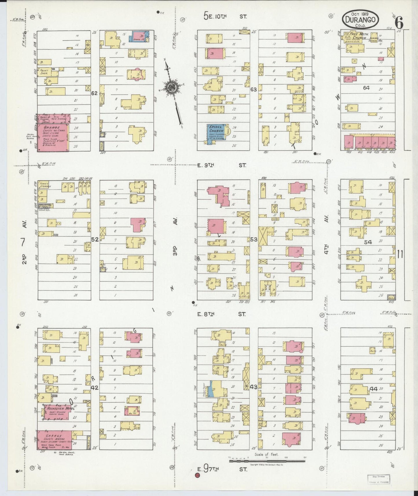 Sanborn Fire Insurance Map from Durango, La Plata County, Colorado (1919), Sheet #0006 - Historic Sanborn Fire Insurance Map Print, vintage old map wall art, antique decor, genealogy gift, Colorado Colorado map