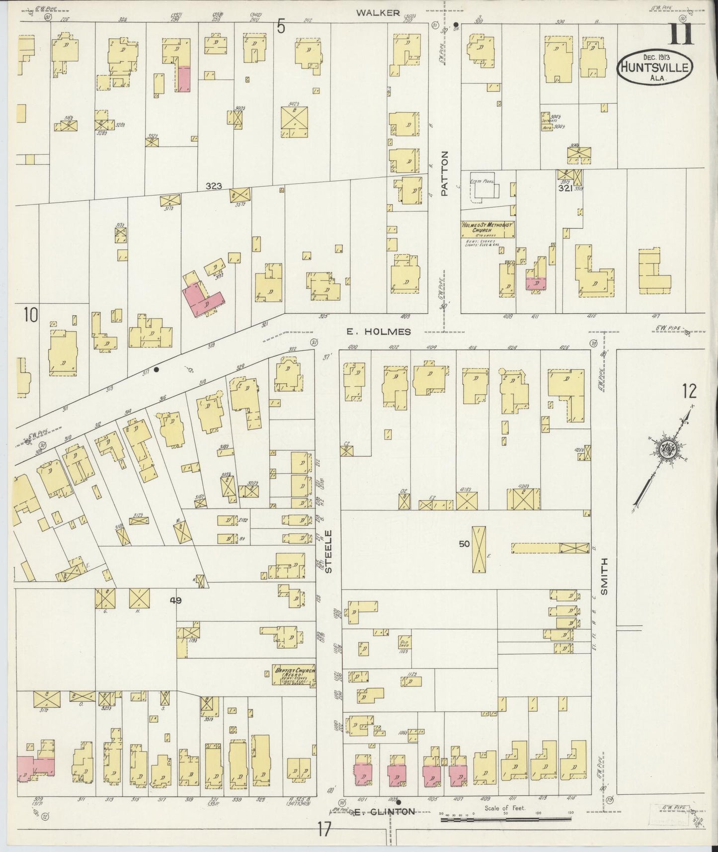 Sanborn Fire Insurance Map from Huntsville, Madison County, Alabama (1913), Sheet #0011 - Historic Sanborn Fire Insurance Map Print, vintage old map wall art, antique decor, genealogy gift, Alabama Alabama map