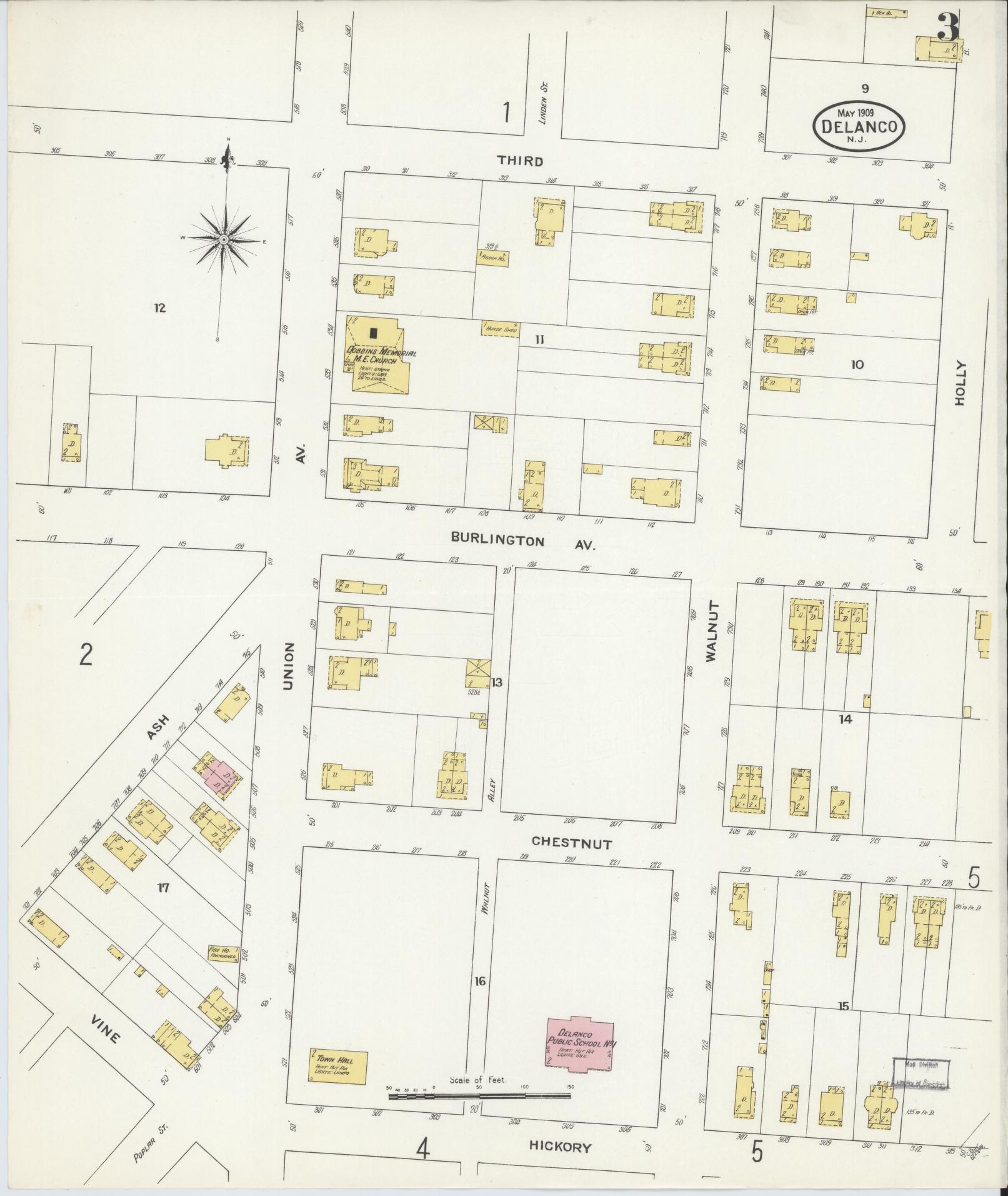 Sanborn Fire Insurance Map from Delanco, Burlington County, New Jersey (1909), Sheet #0003 - Historic Sanborn Fire Insurance Map Print, vintage old map wall art, antique decor, genealogy gift, New Jersey New Jersey map