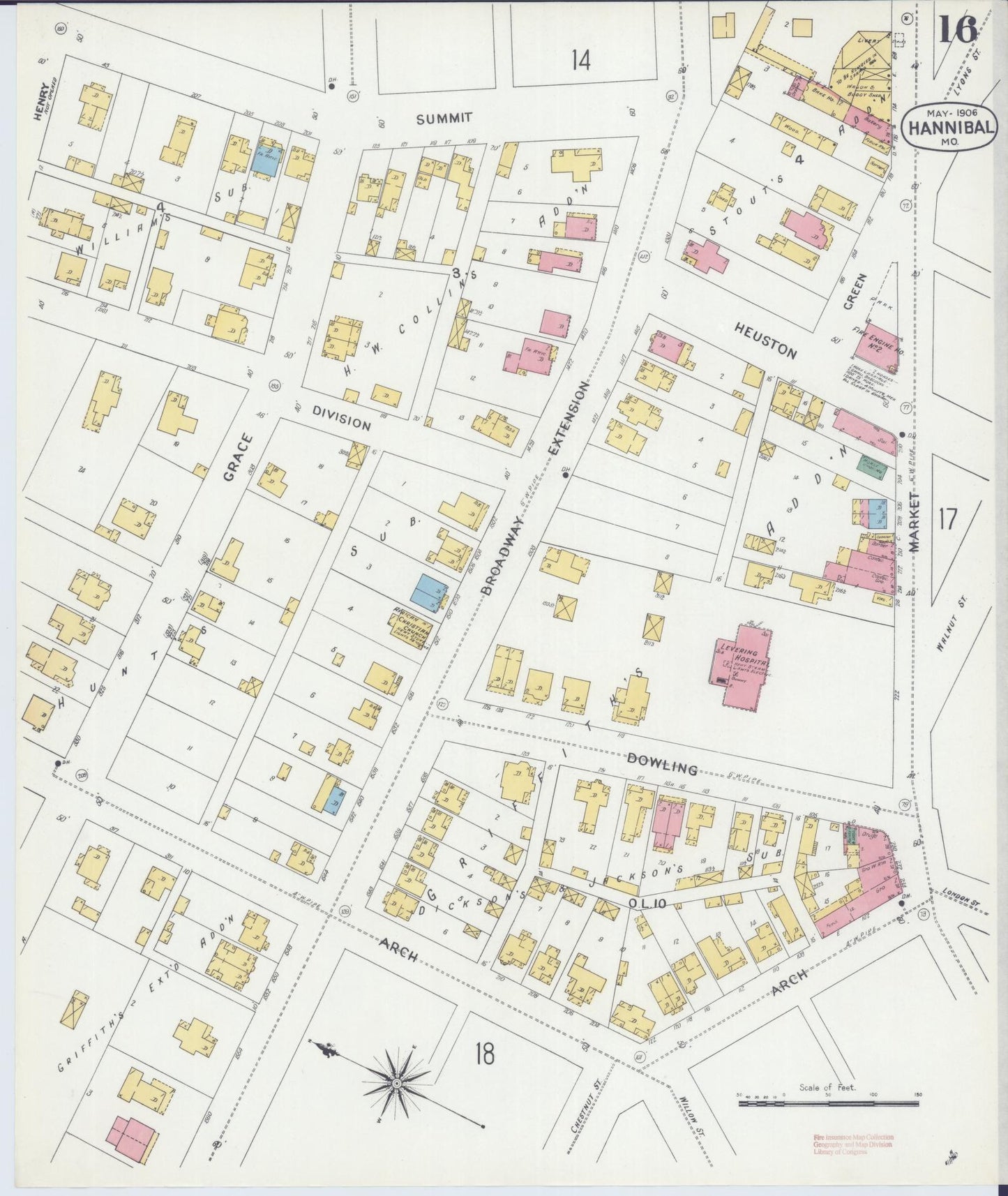 Sanborn Fire Insurance Map from Hannibal, Marion County, Missouri (1906), Sheet #0016 - Historic Sanborn Fire Insurance Map Print, vintage old map wall art, antique decor, genealogy gift, Missouri Missouri map
