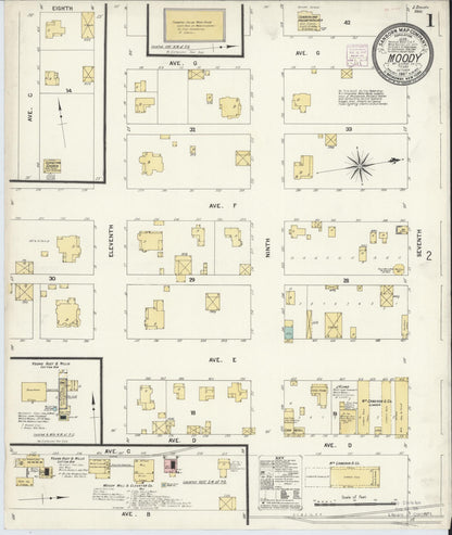 Sanborn Fire Insurance Map from Moody, McLennan County, Texas (1907), Sheet #0001 - Complete Map Set gallery image, historic Sanborn map, vintage wall art, Texas Texas