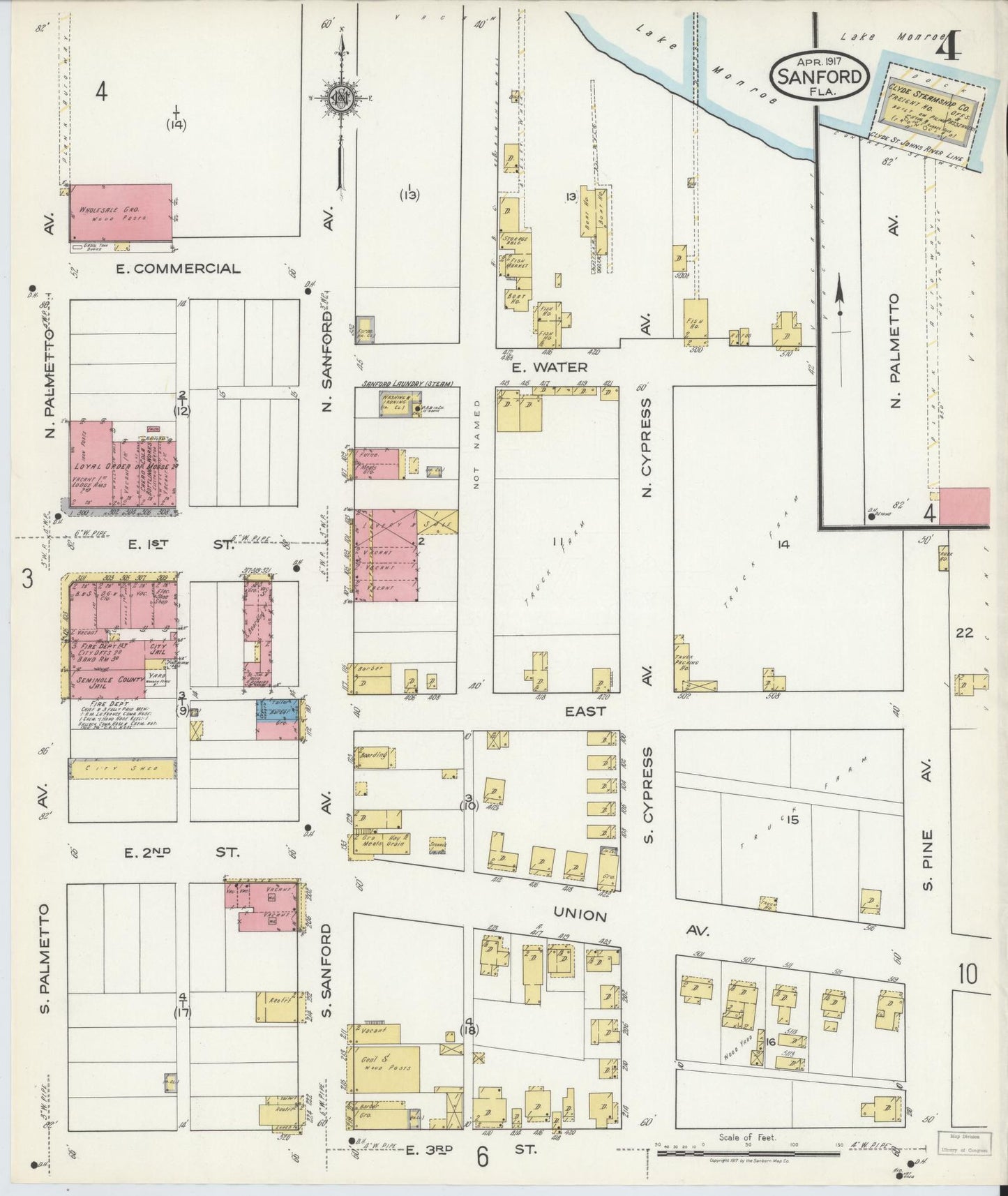 Sanborn Fire Insurance Map from Sanford, Seminole County, Florida (1917), Sheet #0004 - Complete Map Set gallery image, historic Sanborn map, vintage wall art, Florida Florida