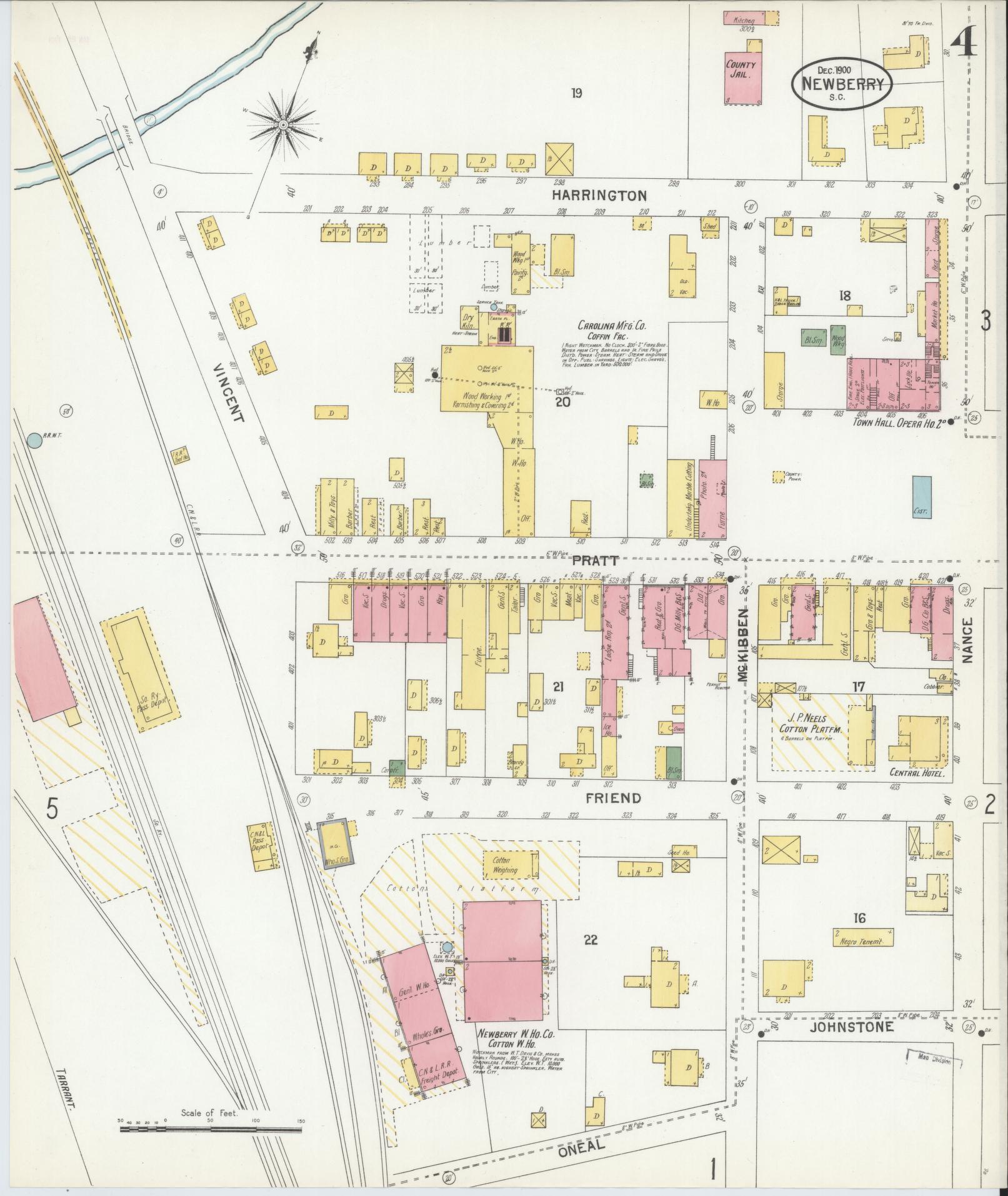Sanborn Fire Insurance Map from Newberry, Newberry County, South Carolina (1900), Sheet #0004 - Complete Map Set gallery image, historic Sanborn map, vintage wall art, South Carolina South Carolina