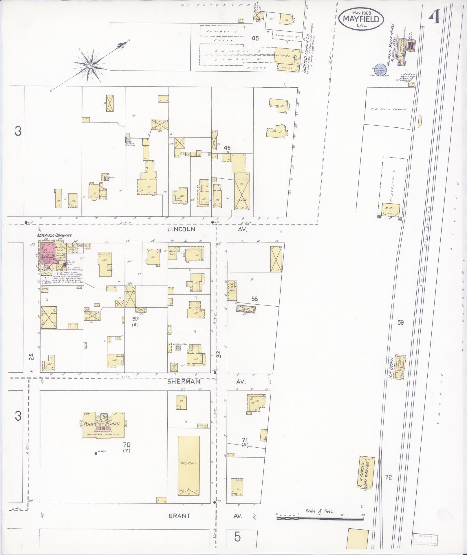 Sanborn Fire Insurance Map from Mayfield, Santa Clara County, California (1908), Sheet #0004 - Complete Map Set gallery image, historic Sanborn map, vintage wall art, California California