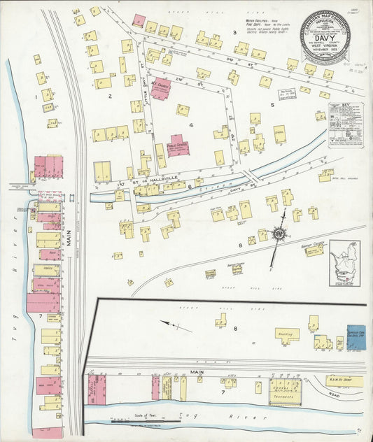 Sanborn Fire Insurance Map from Davy, Mcdowell County, West Virginia (1923), Sheet #0001 - Historic Sanborn Fire Insurance Map Print, vintage old map wall art, antique decor, genealogy gift, West Virginia West Virginia map