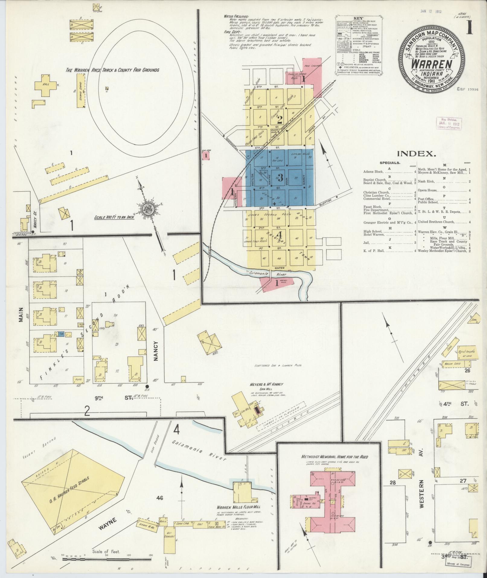 Sanborn Fire Insurance Map from Warren, Huntington County, Indiana (1911), Sheet #0001 - Complete Map Set gallery image, historic Sanborn map, vintage wall art, Indiana Indiana