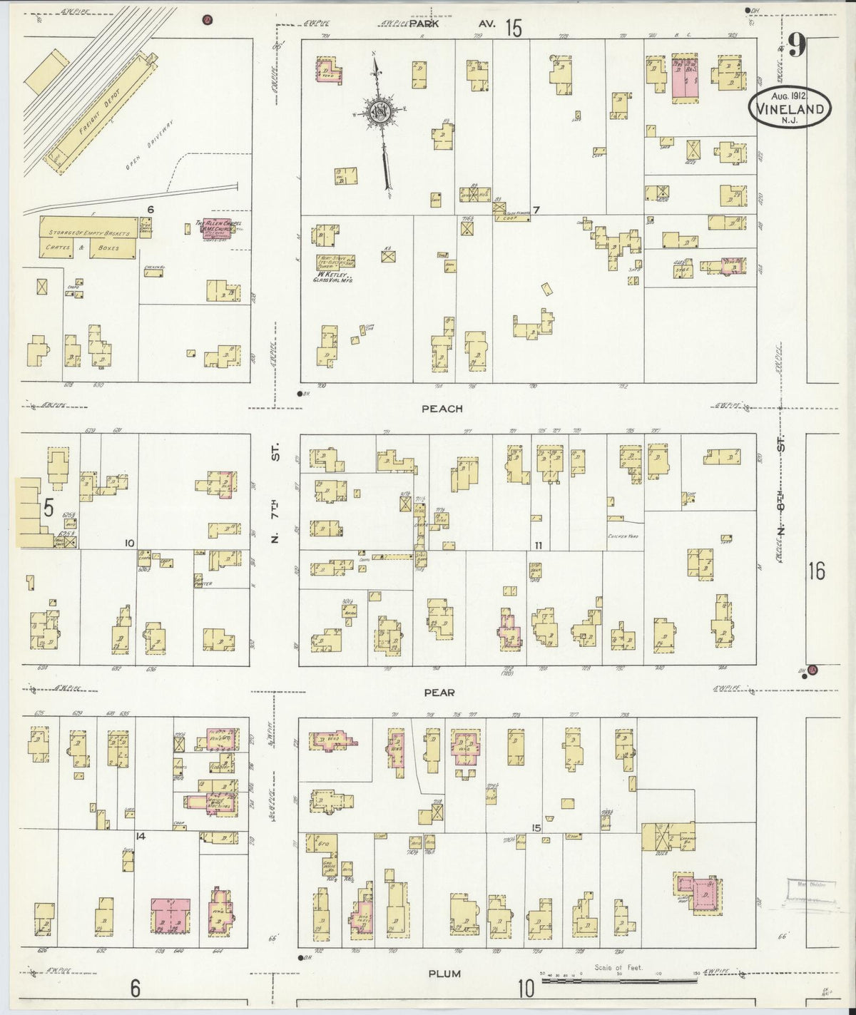 Sanborn Fire Insurance Map from Vineland, Cumberland County, New Jersey (1912), Sheet #0009 - Complete Map Set gallery image, historic Sanborn map, vintage wall art, New Jersey New Jersey
