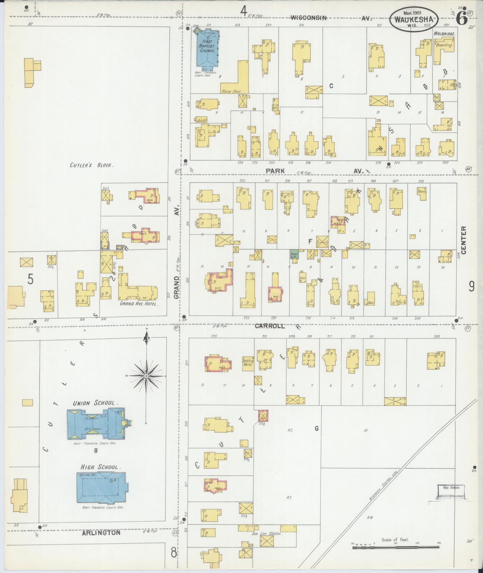 Sanborn Fire Insurance Map from Waukesha, Waukesha County, Wisconsin (1901), Sheet #0006 - Complete Map Set gallery image, historic Sanborn map, vintage wall art, Wisconsin Wisconsin