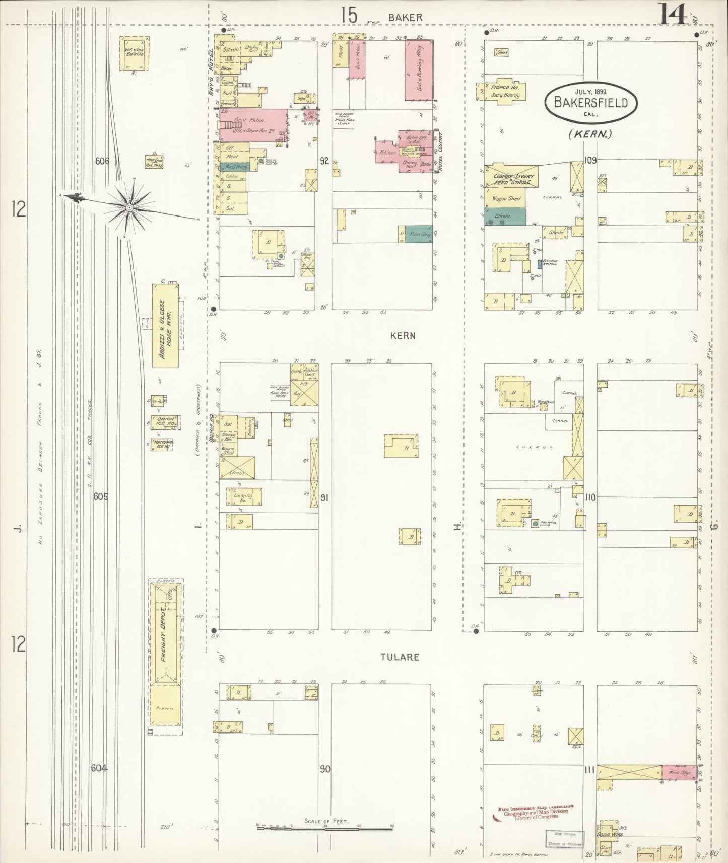 Sanborn Fire Insurance Map from Bakersfield, Kern County, California (1899), Sheet #0014 - Historic Sanborn Fire Insurance Map Print, vintage old map wall art, antique decor, genealogy gift, California California map