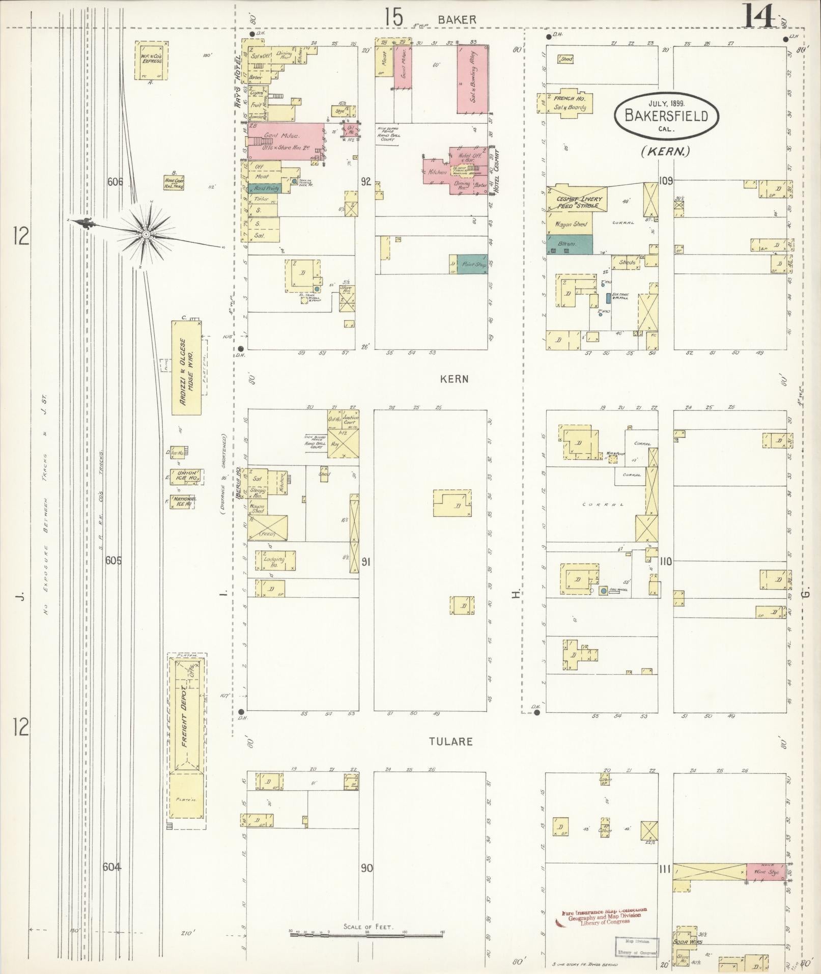 Sanborn Fire Insurance Map from Bakersfield, Kern County, California (1899), Sheet #0014 - Historic Sanborn Fire Insurance Map Print, vintage old map wall art, antique decor, genealogy gift, California California map