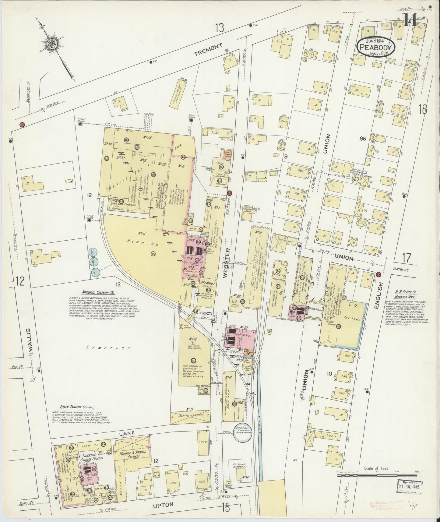 Sanborn Fire Insurance Map from Peabody, Essex County, Massachusetts (1914), Sheet #0014 - Historic Sanborn Fire Insurance Map Print, vintage old map wall art, antique decor, genealogy gift, Massachusetts Massachusetts map
