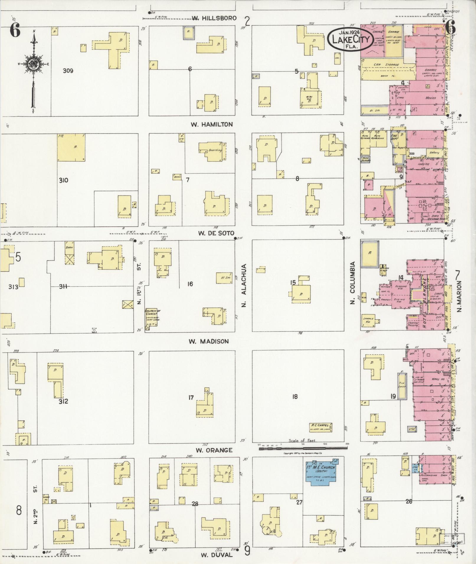 Sanborn Fire Insurance Map from Lake City, Columbia County, Florida (1924), Sheet #0006 - Historic Sanborn Fire Insurance Map Print, vintage old map wall art, antique decor, genealogy gift, Florida Florida map