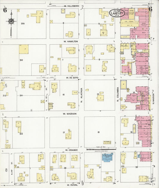Sanborn Fire Insurance Map from Lake City, Columbia County, Florida (1924), Sheet #0006 - Historic Sanborn Fire Insurance Map Print, vintage old map wall art, antique decor, genealogy gift, Florida Florida map