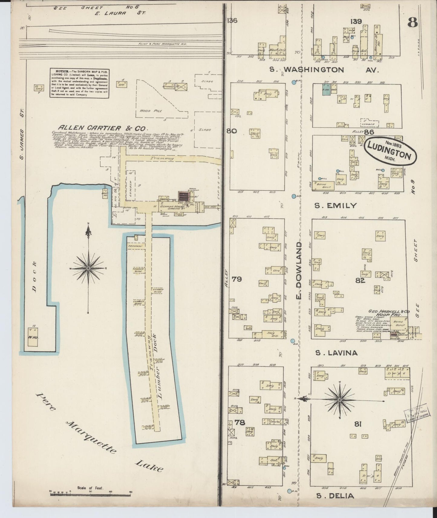 Sanborn Fire Insurance Map from Ludington, Mason County, Michigan (1883), Sheet #0008 - Complete Map Set gallery image, historic Sanborn map, vintage wall art, Michigan Michigan