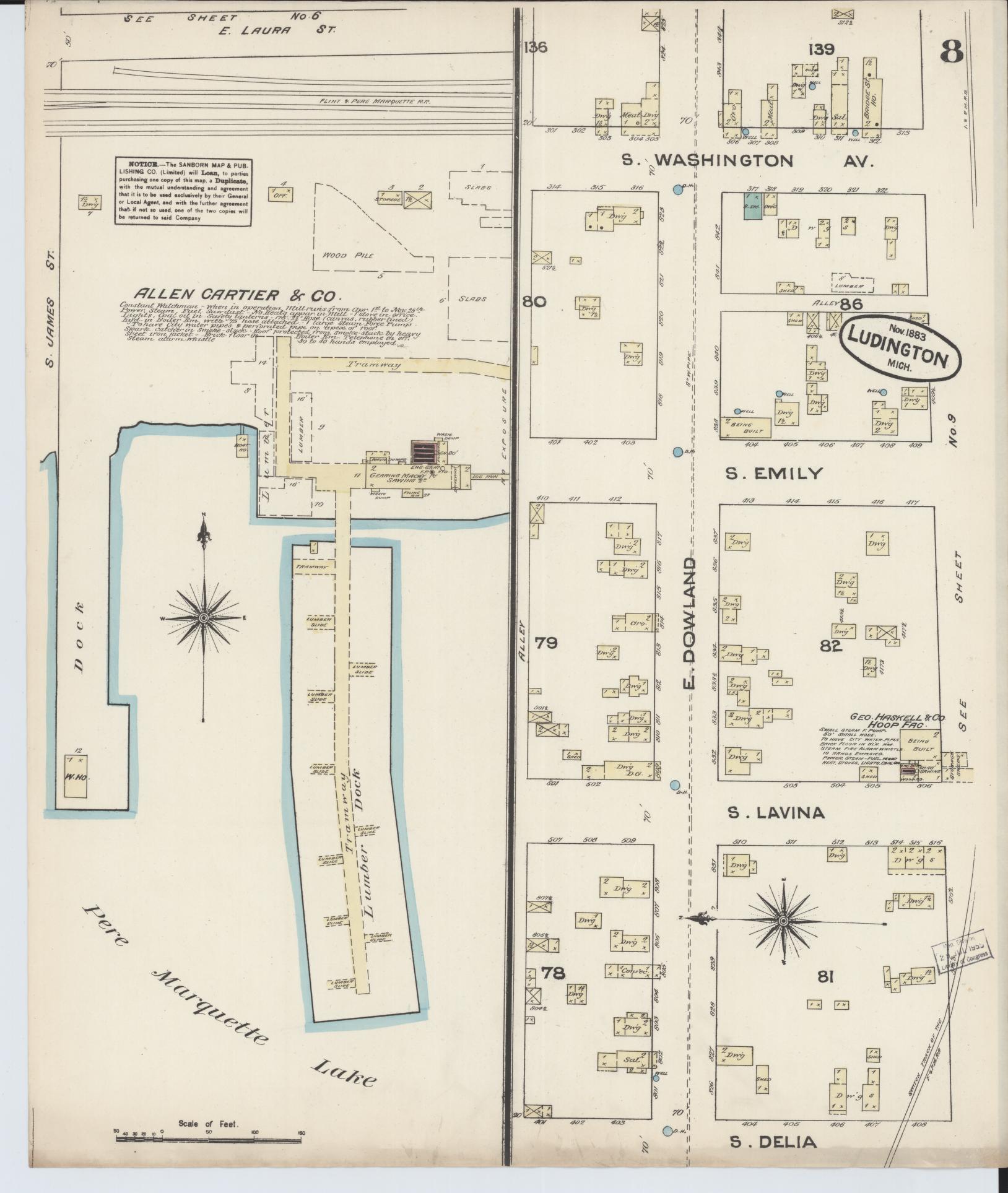 Sanborn Fire Insurance Map from Ludington, Mason County, Michigan (1883), Sheet #0008 - Complete Map Set gallery image, historic Sanborn map, vintage wall art, Michigan Michigan