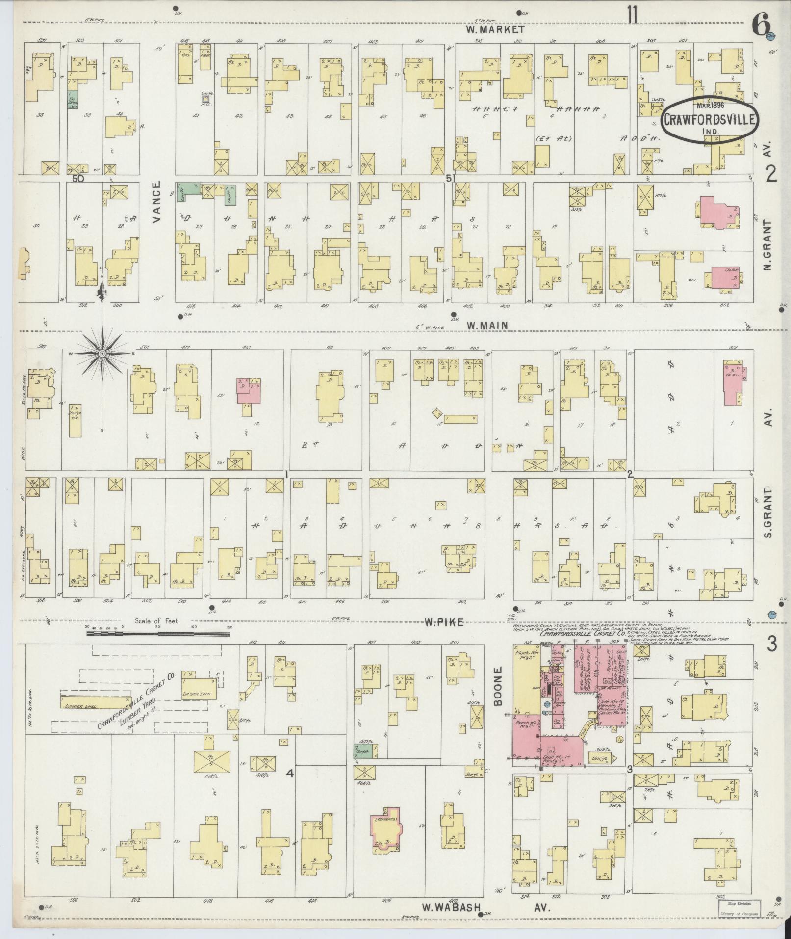 Sanborn Fire Insurance Map from Crawfordsville, Montgomery County, Indiana (1896), Sheet #0006 - Historic Sanborn Fire Insurance Map Print, vintage old map wall art, antique decor, genealogy gift, Indiana Indiana map