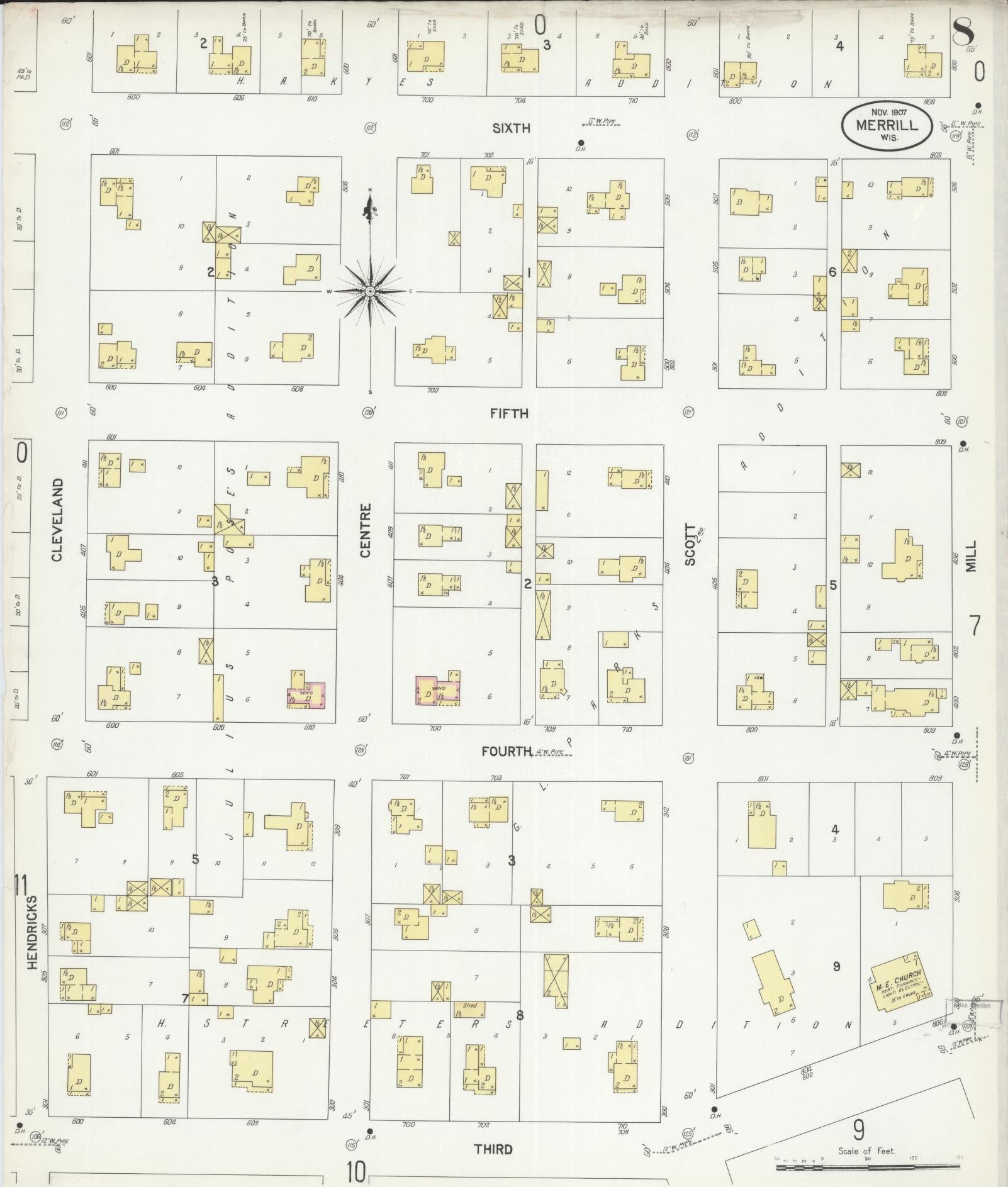 Sanborn Fire Insurance Map from Merrill, Lincoln County, Wisconsin (1907), Sheet #0008 - Historic Sanborn Fire Insurance Map Print, vintage old map wall art, antique decor, genealogy gift, Wisconsin Wisconsin map