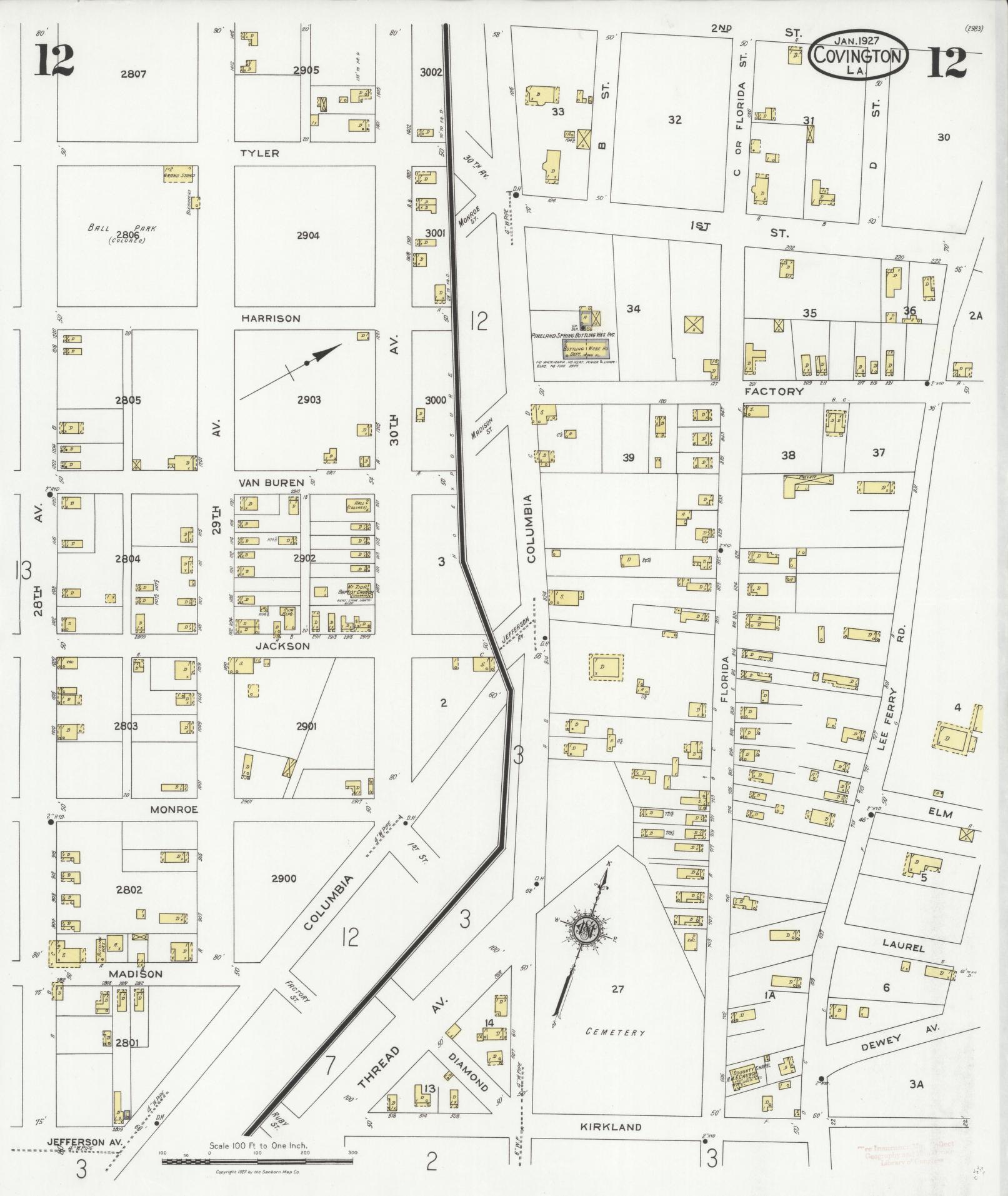 Sanborn Fire Insurance Map from Covington, Saint Tammany Parish, Louisiana (1927), Sheet #0012 - Historic Sanborn Fire Insurance Map Print, vintage old map wall art, antique decor, genealogy gift, Louisiana Louisiana map
