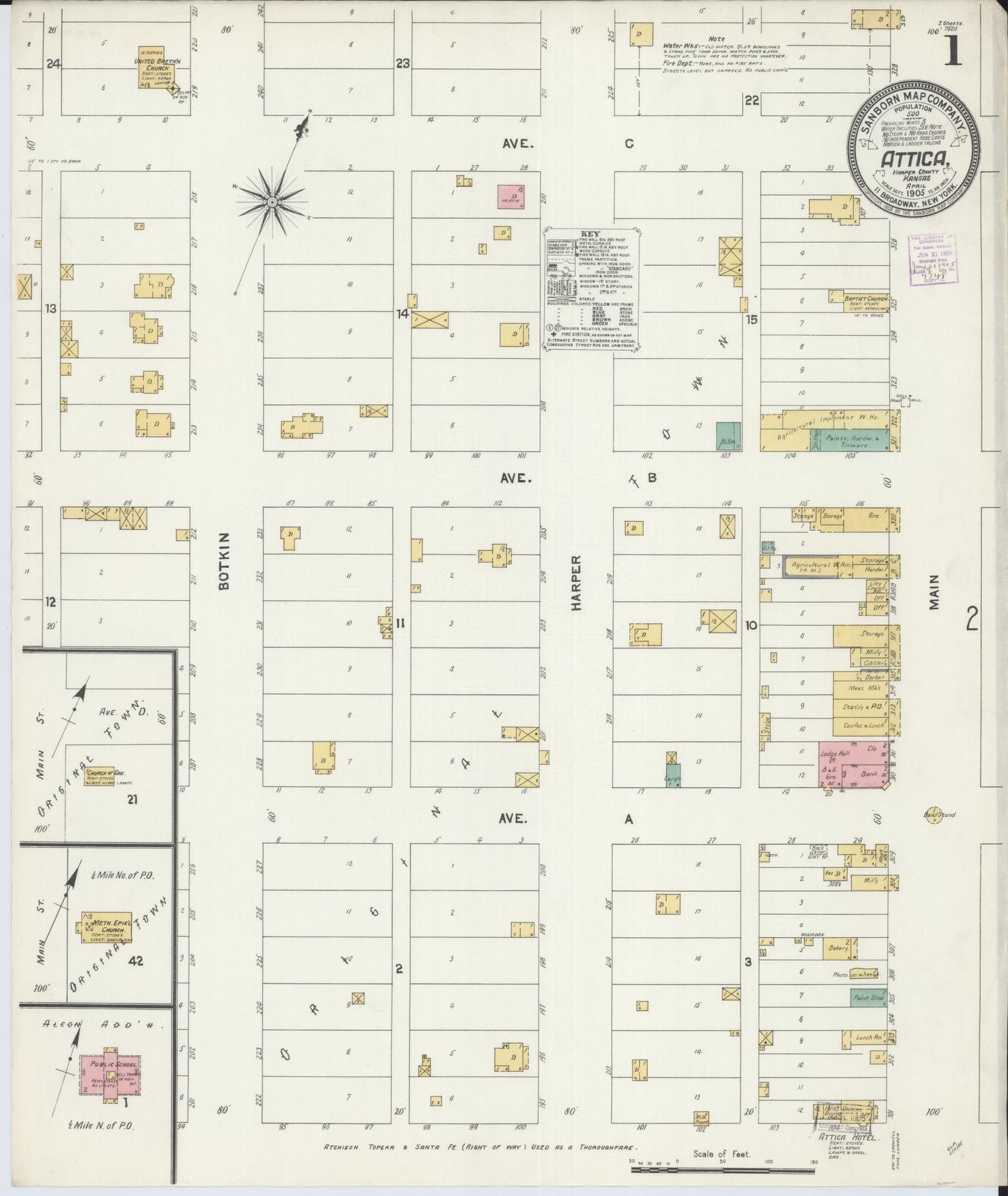Sanborn Fire Insurance Map from Attica, Harper County, Kansas (1905), Sheet #0001 - Complete Map Set gallery image, historic Sanborn map, vintage wall art, Kansas Kansas