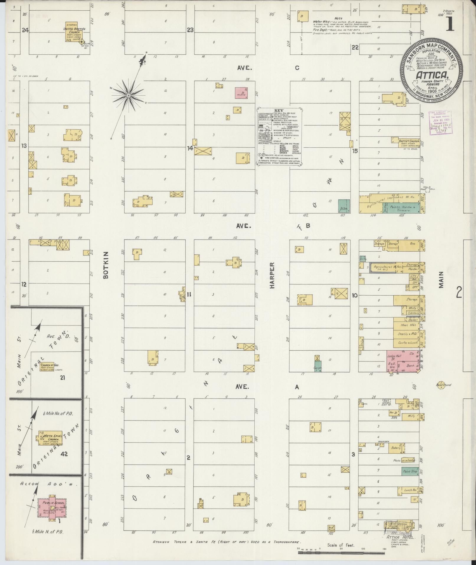 Sanborn Fire Insurance Map from Attica, Harper County, Kansas (1905), Sheet #0001 - Complete Map Set gallery image, historic Sanborn map, vintage wall art, Kansas Kansas
