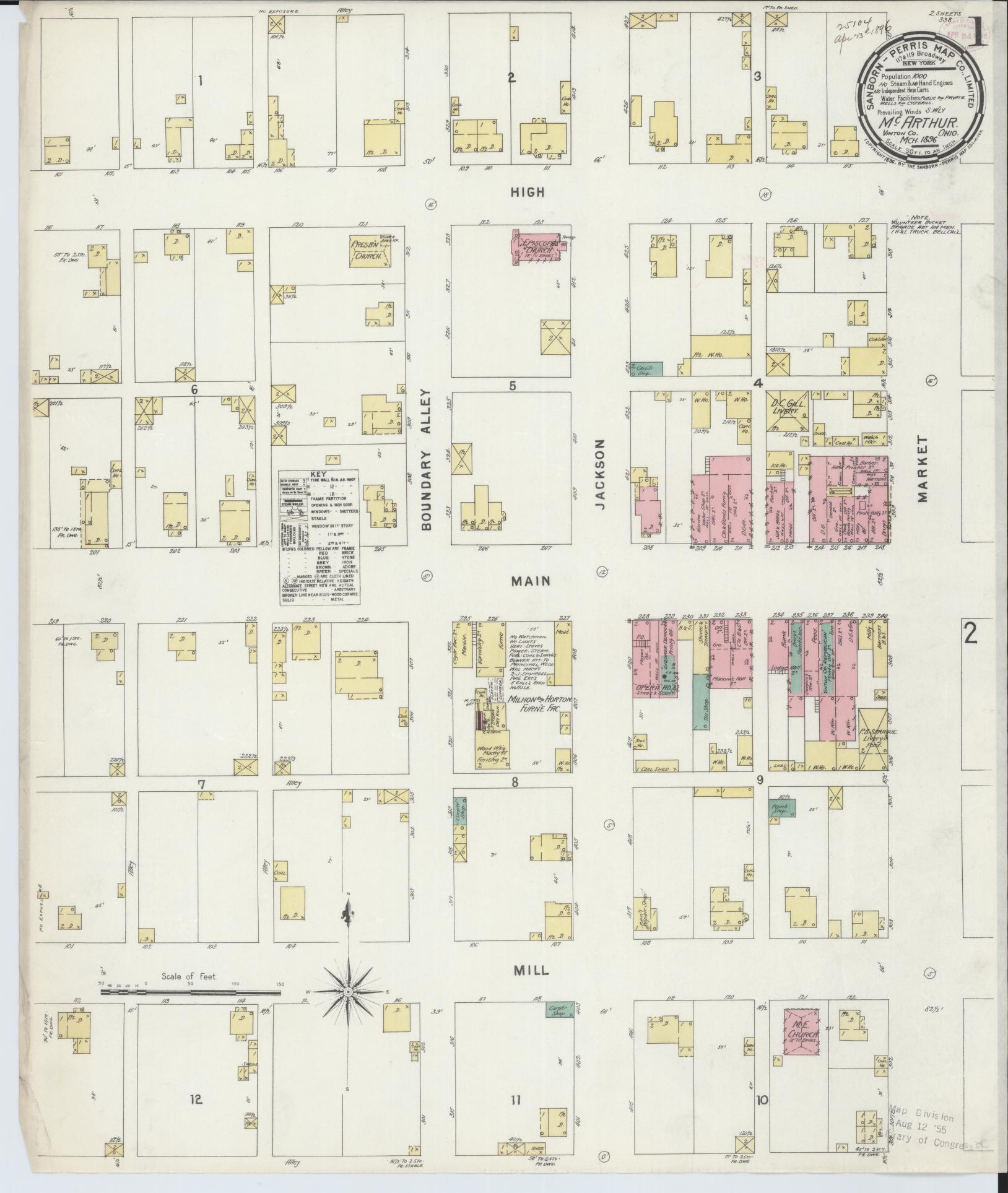 Sanborn Fire Insurance Map from McArthur, Vinton County, Ohio (1896), Sheet #0001 - Complete Map Set gallery image, historic Sanborn map, vintage wall art, Ohio Ohio