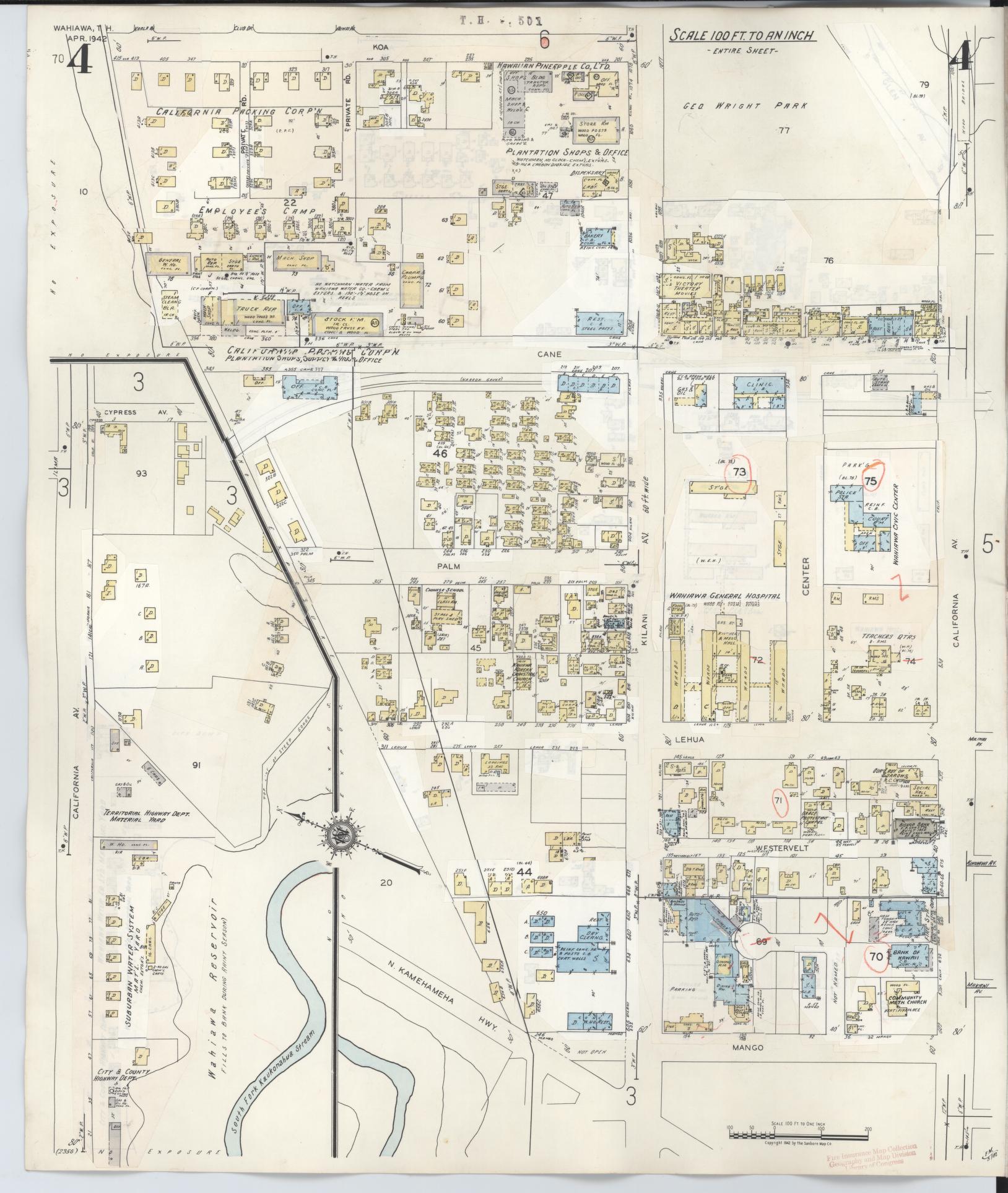 Sanborn Fire Insurance Map from Wahiawa, Honolulu County, Hawaii (1957), Sheet #0004 - Historic Sanborn Fire Insurance Map Print, vintage old map wall art, antique decor, genealogy gift, Hawaii Hawaii map