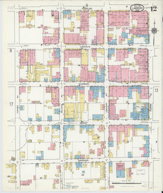 Sanborn Fire Insurance Map from Laredo, Webb County, Texas (1916), Sheet #0012 - Historic Sanborn Fire Insurance Map Print, vintage old map wall art, antique decor, genealogy gift, Texas Texas map