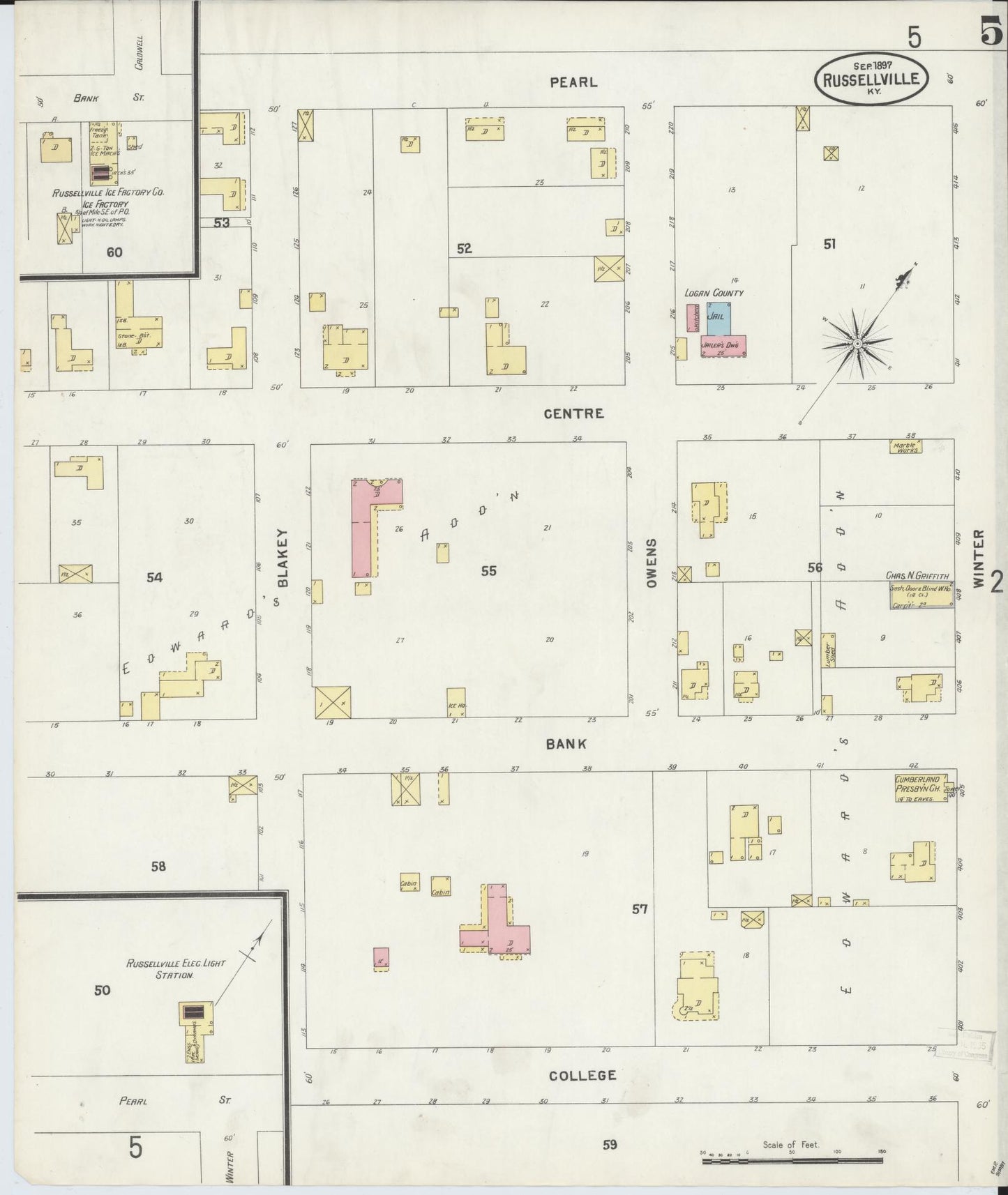 Sanborn Fire Insurance Map from Russellville, Logan County, Kentucky (1897), Sheet #0005 - Complete Map Set gallery image, historic Sanborn map, vintage wall art, Kentucky Kentucky